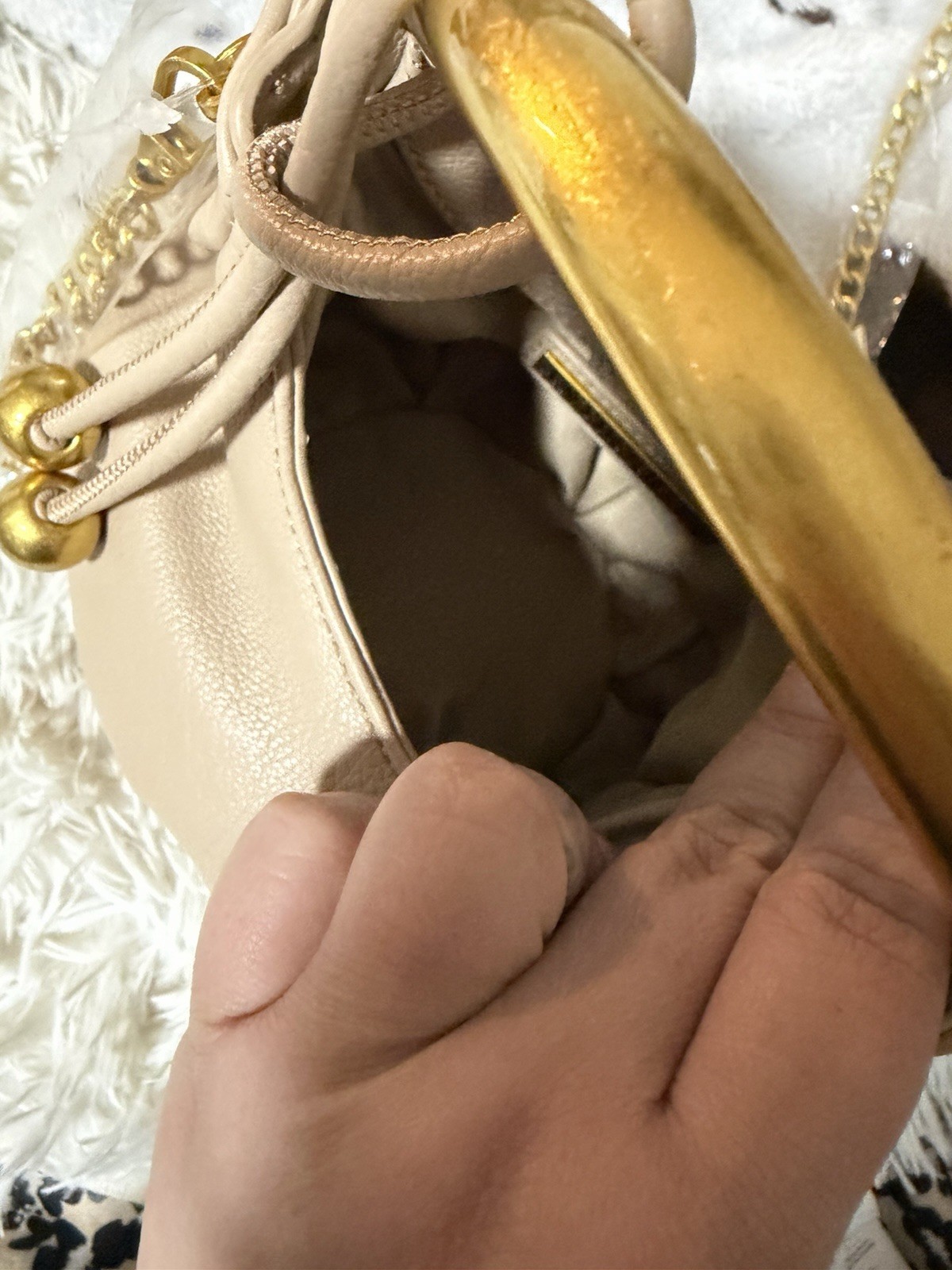 francesca’s Beige Small Satchel Top Handle Zip Pebbled Gold Chain Detach Strap