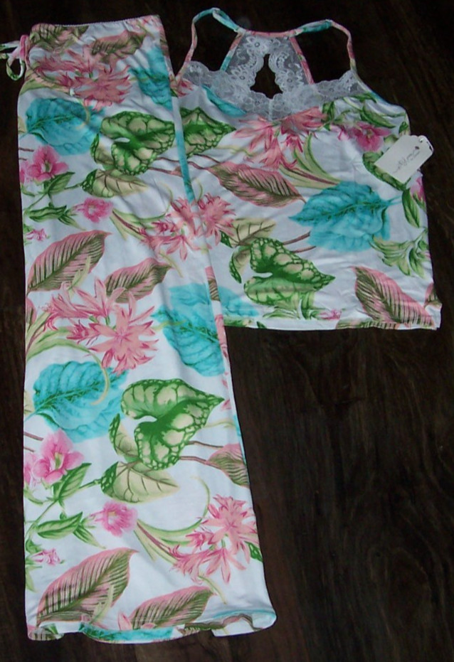 NWT In Bloom by Jonquil IVORY/GREEN/PINK/BLUE TROPICAL FLORAL Knit Pajama Set L