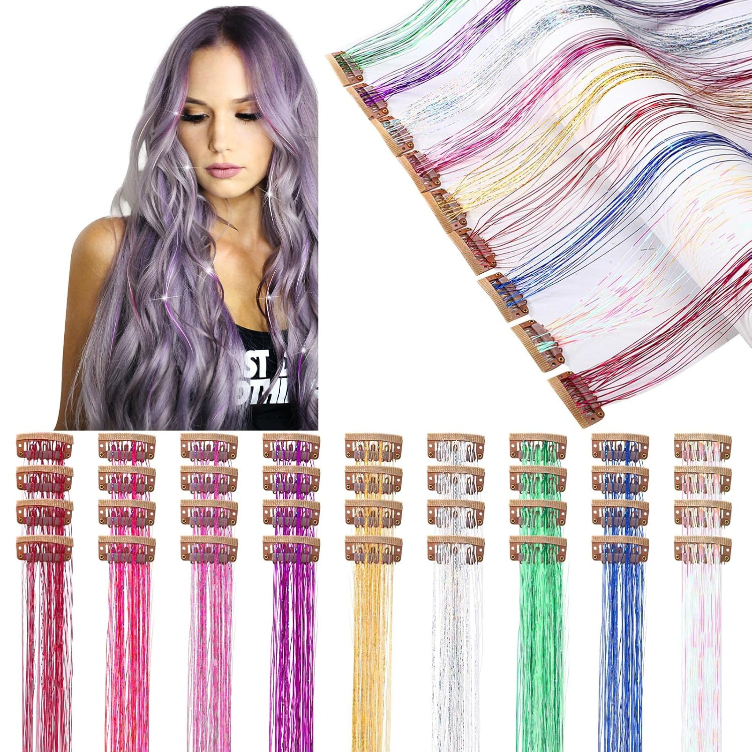36 Pcs 19.7 Inch Clip in Hair Tinsel Kit Clips on Glitter Tinsel Extensions Heat