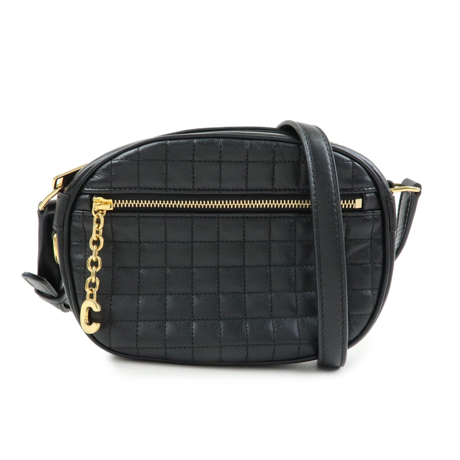 CELINE C Charm Leather Shoulder Bag Crossbody Bag Camera Bag Black Auth Used F/S