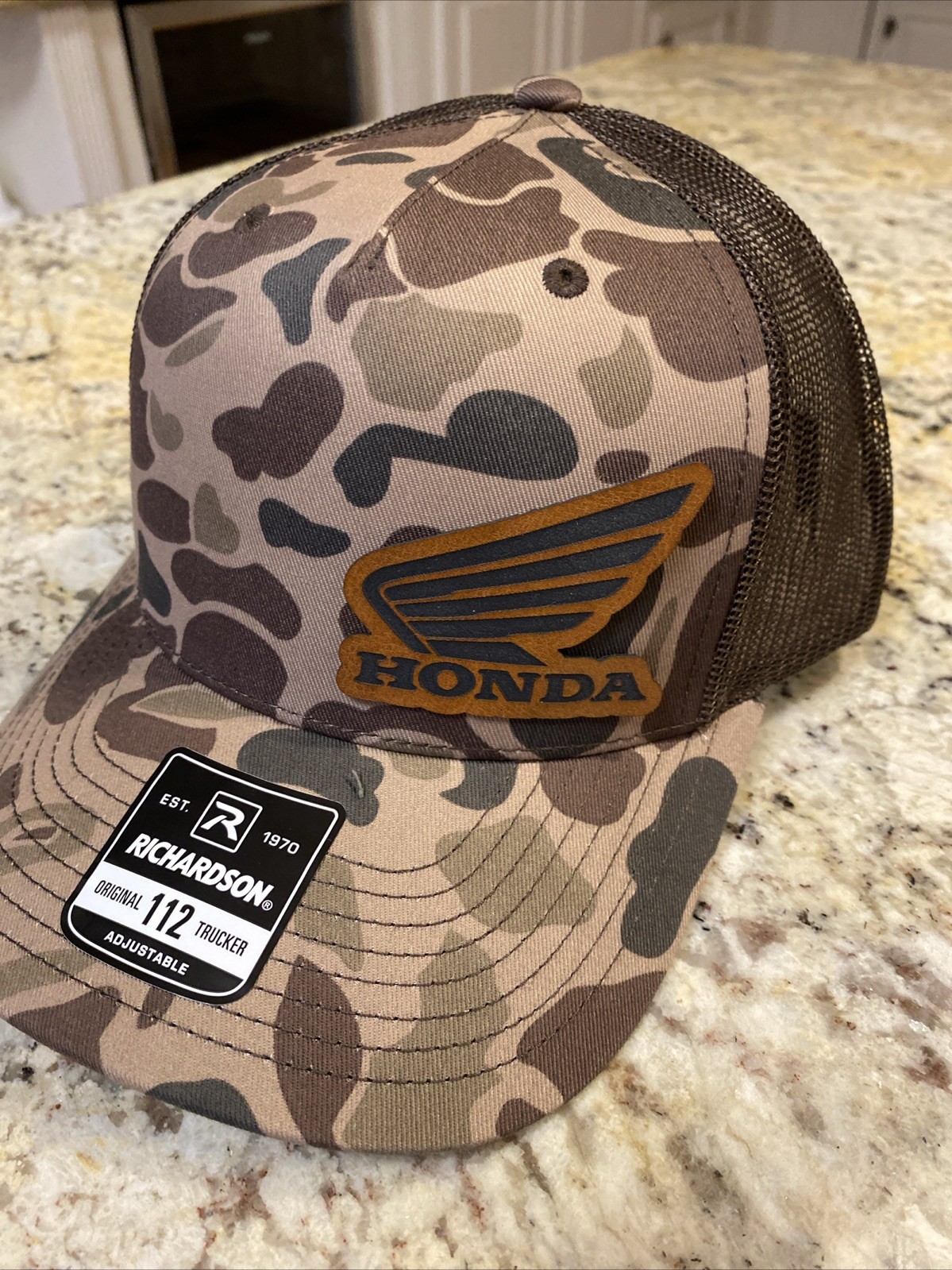 Honda Sports Atv Biker Leatherette patch on Duck Camo Richardson 112 Hat