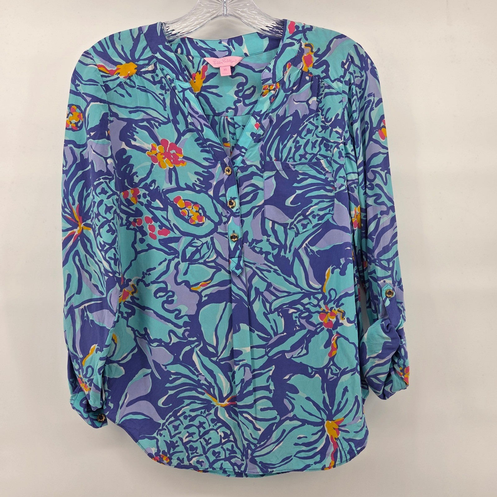 Lilly Pulitzer Elsa Top XS Blue Purple Floral Pineapple Silk Beach Preppy