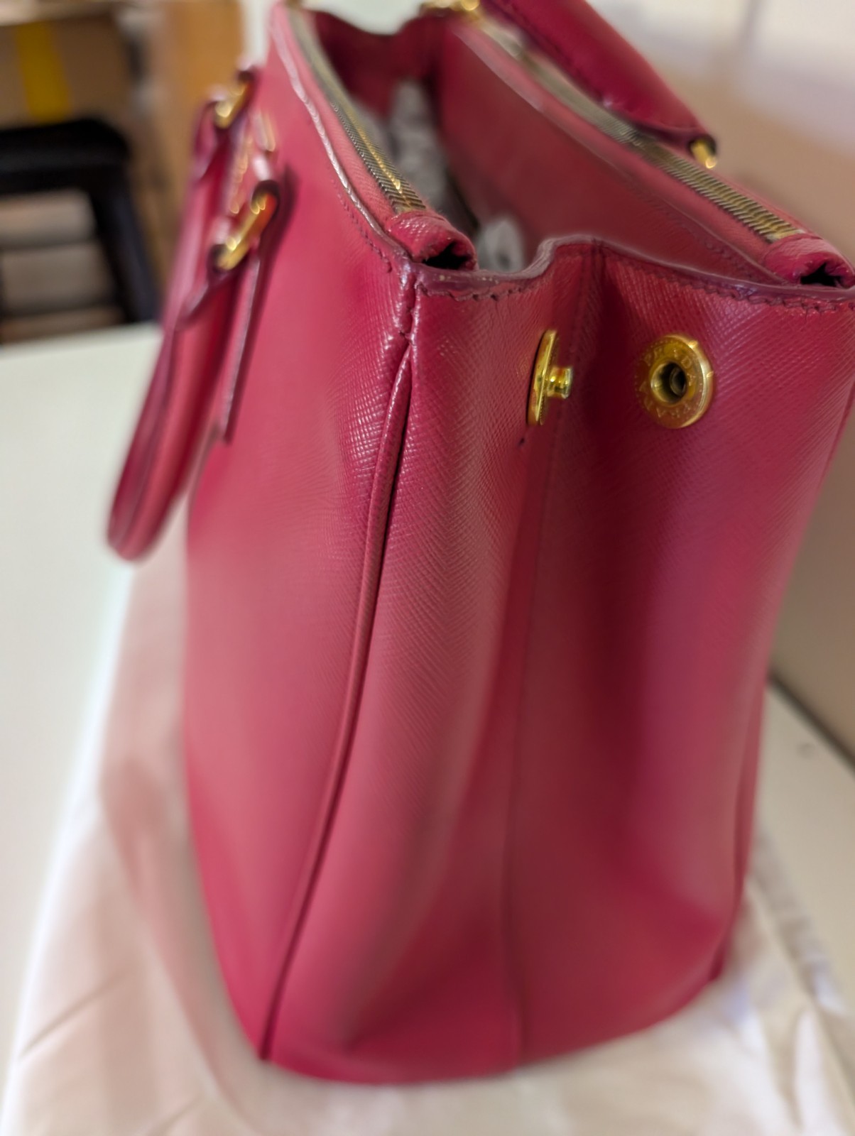 PRADA Pink Top Handle Satchel Gold Hardware Logo Key Holder Bottom Studs