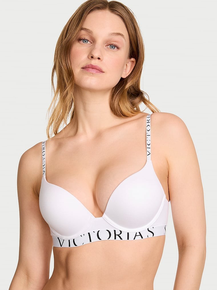 Victoria’s Secret Bombshell Add-2-Cups Cotton Exploded Logo Push-Up Bra,VS White