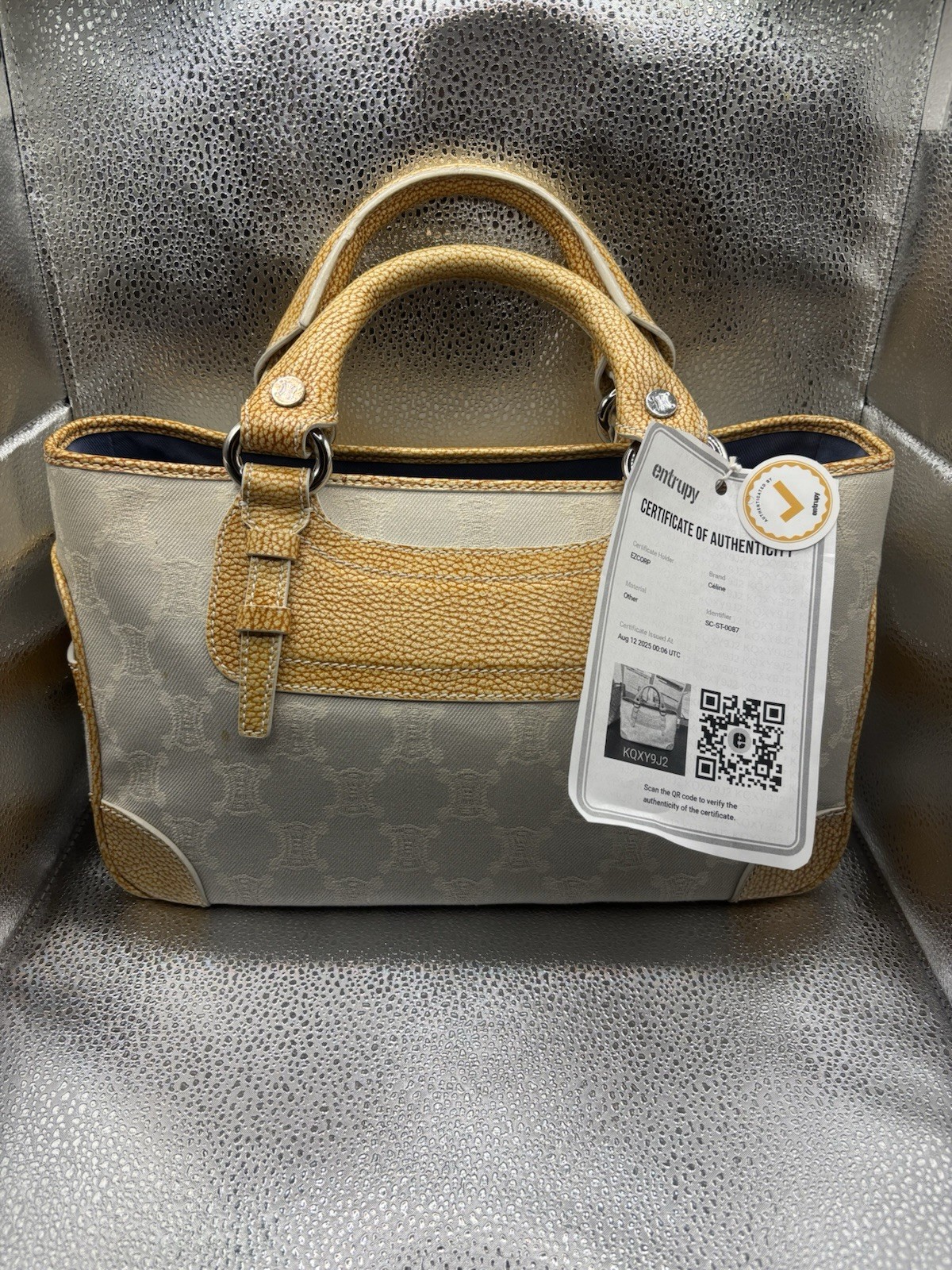 Authentic Celine Boogie Bag Ivory Macadam Monogram Canvas Tan Leather Vintage