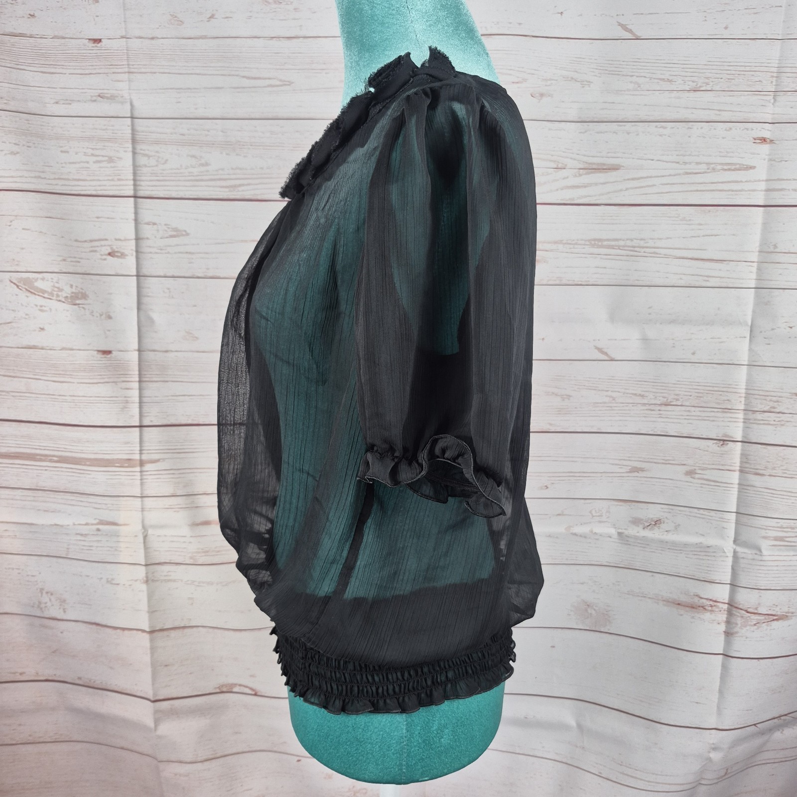 B Wear Womens Black Top Sheer Blouse Sz XL Whimsigoth Witchy Rosebud Neck Detail