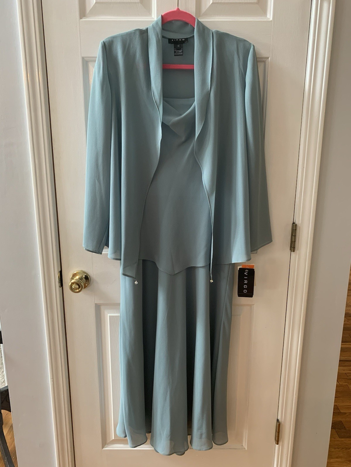 Gorgeous Virgo Sage Size 14 2-Pc Chiffon Outfit Set Cowl Neck Top Skirt Beaded