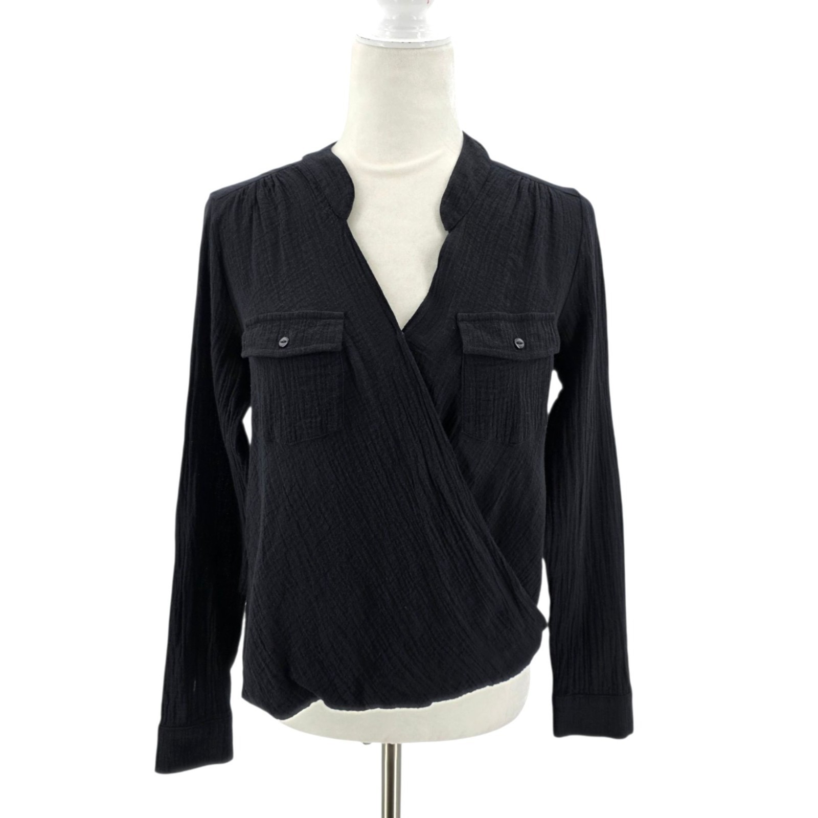 Generation Love New York Womens Small Top Gauze Fabric V-neck Pockets Black Long