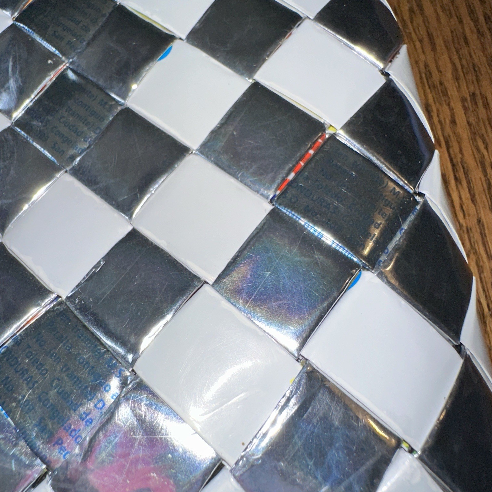 Nahui Ollin Y2K Woven Candy Wrapper Clutch Bag Purse Silver White Glossy Buckle