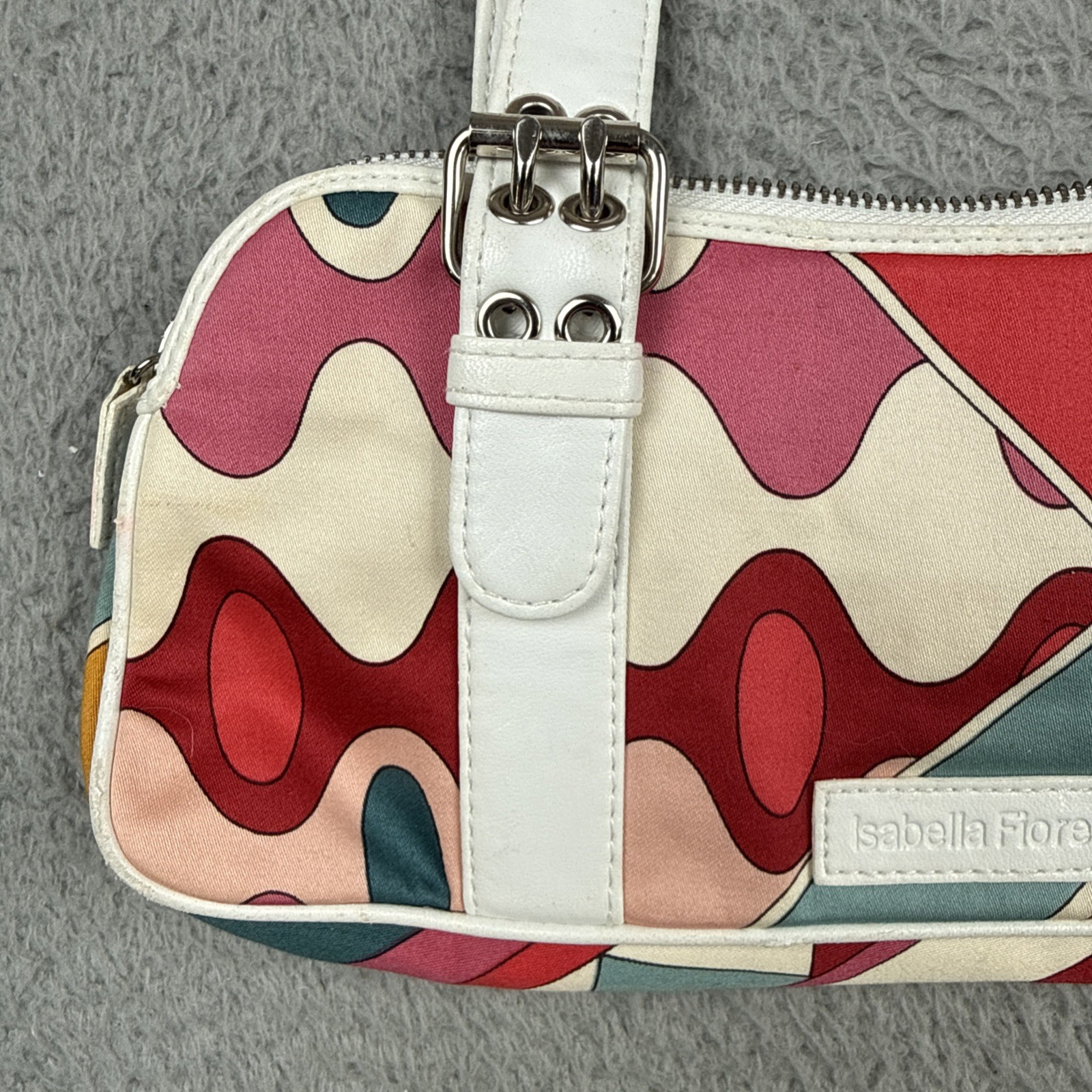 Isabella Fiore Silk Leather Handbag White MultiColor Geometric Y2K Purse 70s EOC
