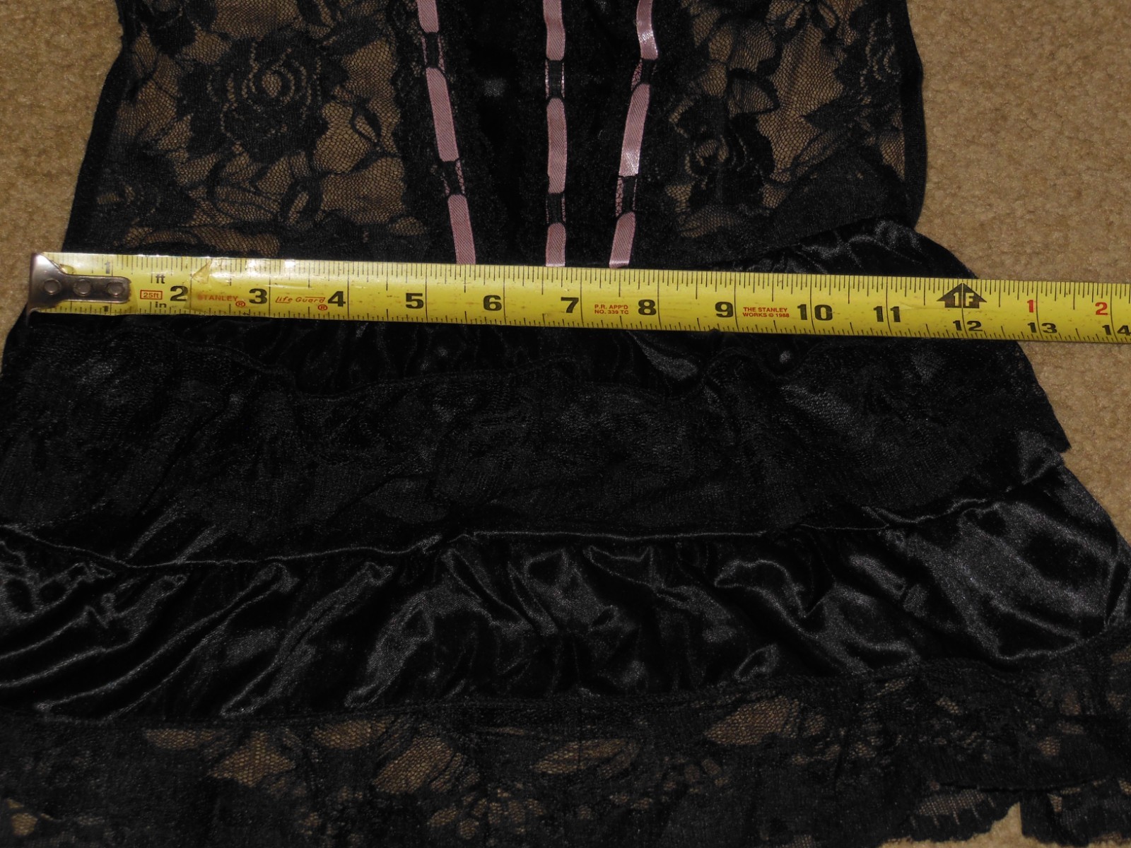 Black Lace Babydoll Lingerie Set Pink Ribbon Ruffle Chemise Dress Size M