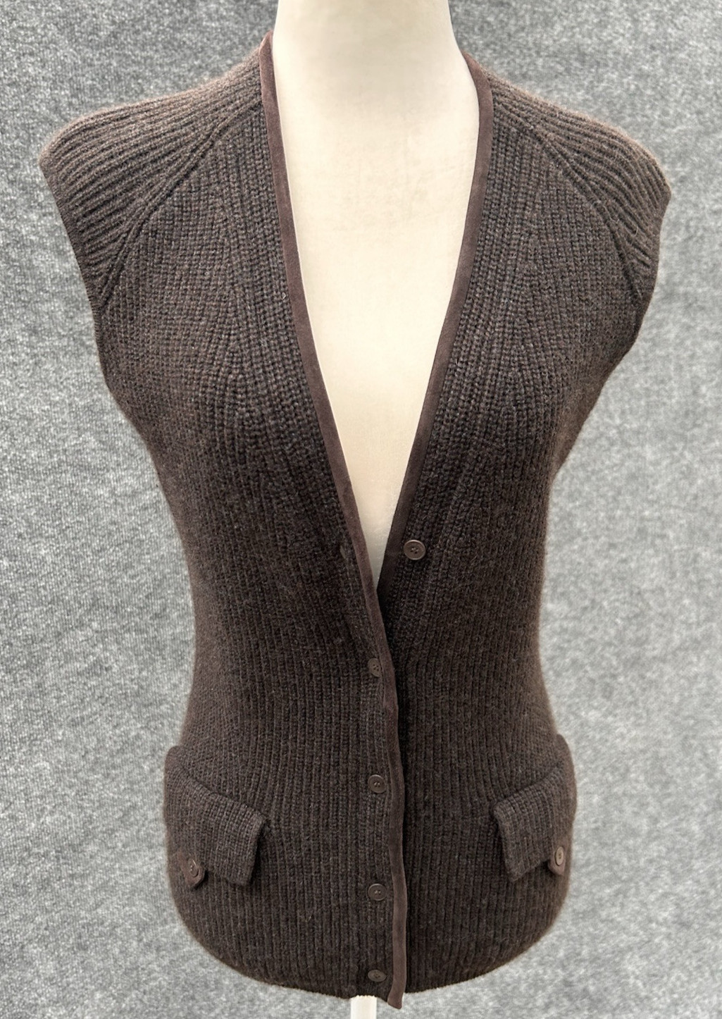 LORO PIANA Italy 100% Cashmere & Suede Goatskin Dark Brown Sweater Vest 40 Small