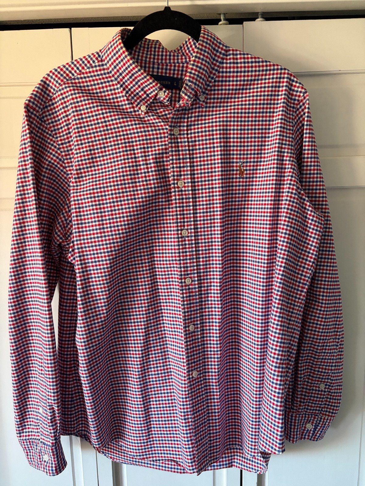 Ralph Lauren Mens Large Red White Blue Gingham Check Button Down Shirt Pony Logo