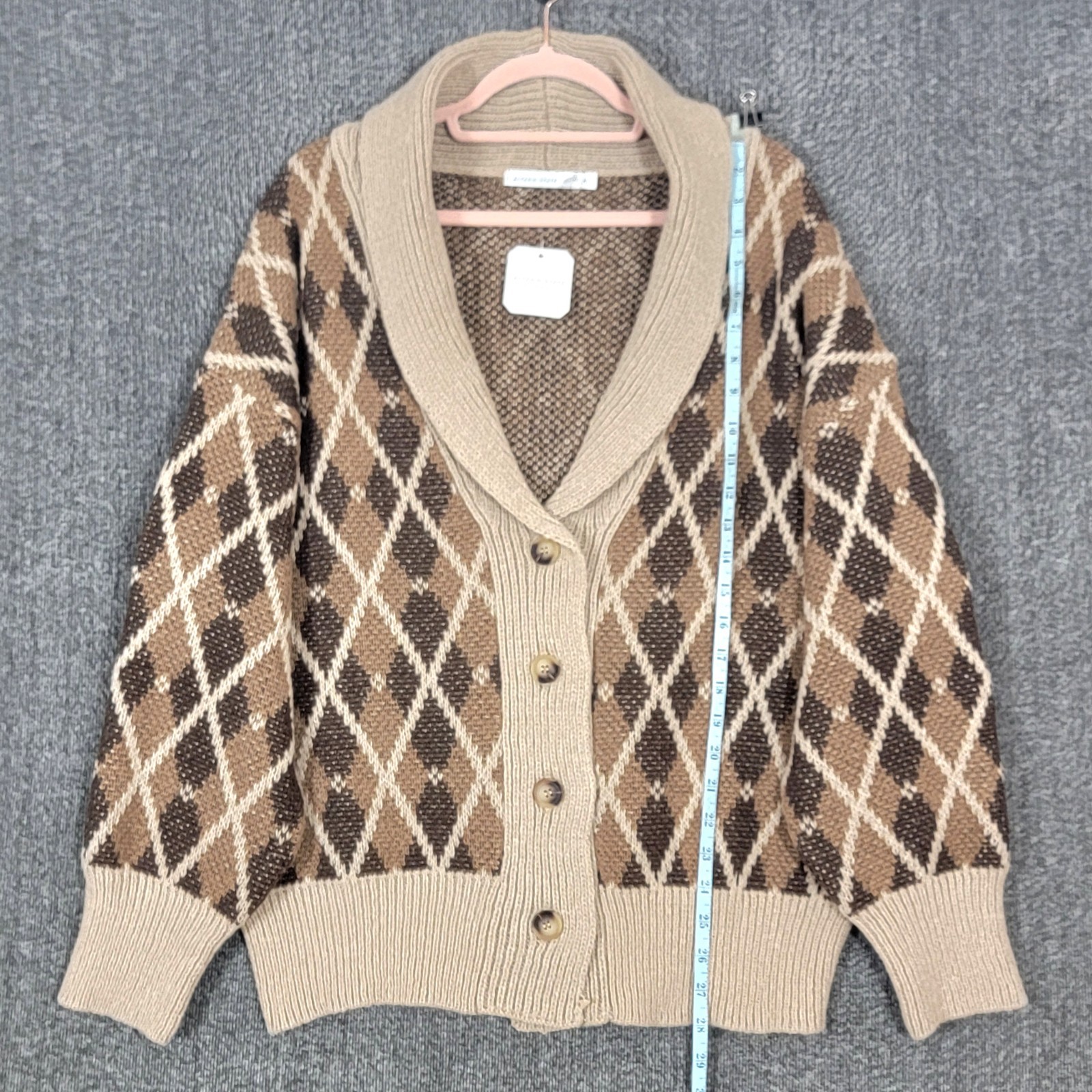 Altar’d State Sweater Womens Medium Brown Argyle Shawl Collar Grandpa Cardigan