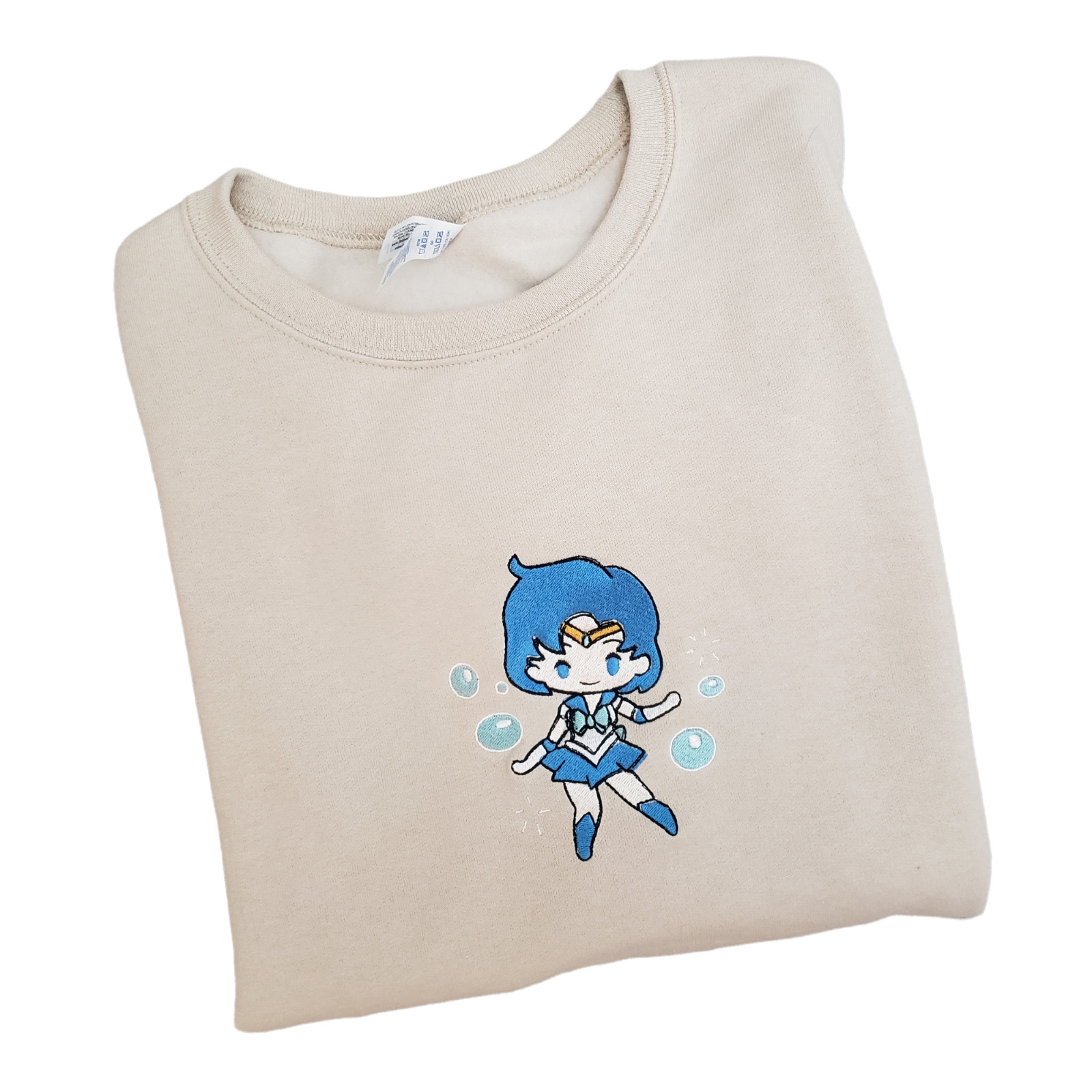 Sailor Mercury Embroidered Crewneck Sweater Beige Size L Kawaii Anime Crystal