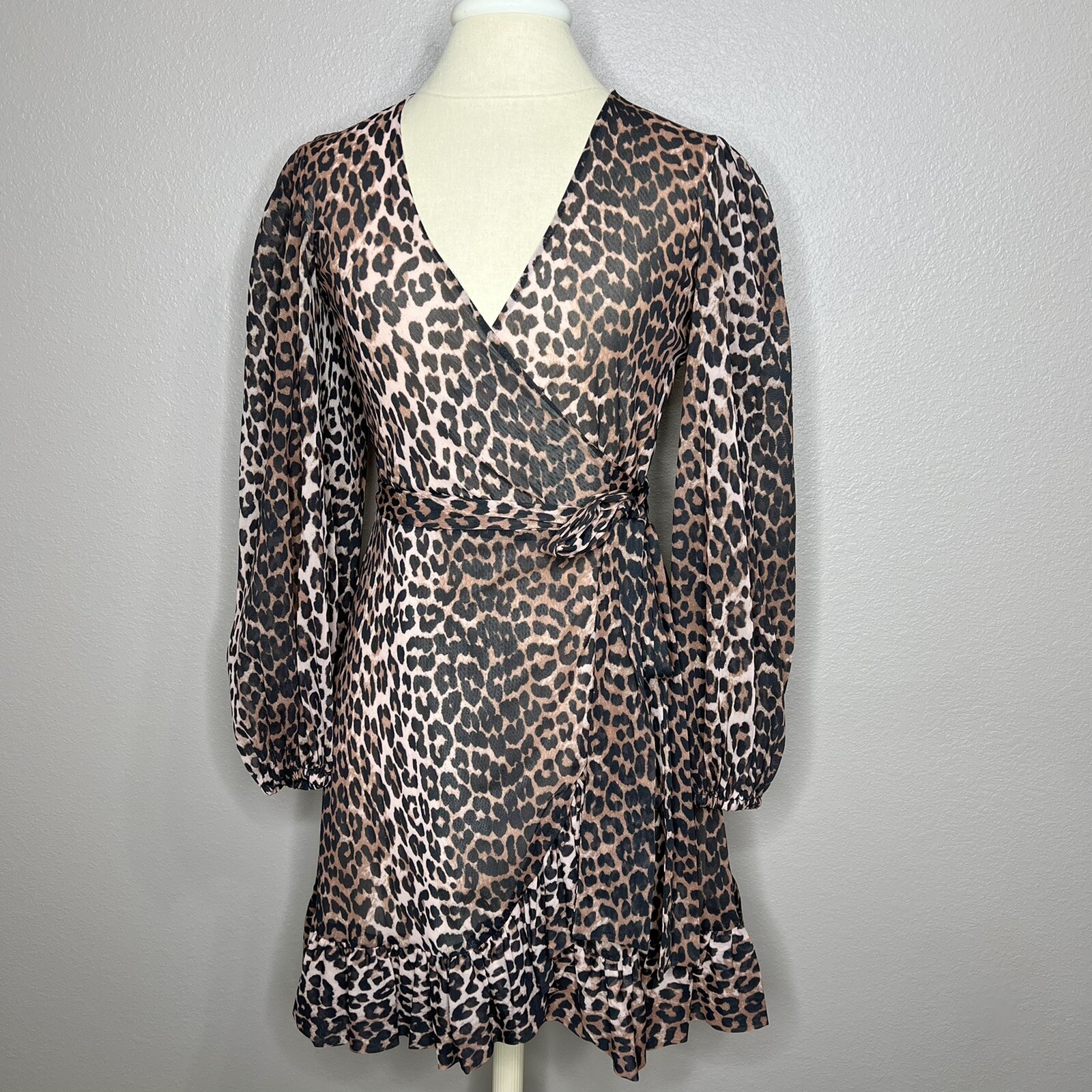 GANNI Tilden Leopard Print Mesh V-Neck Long Sleeve Mini Wrap Dress EU36 US4