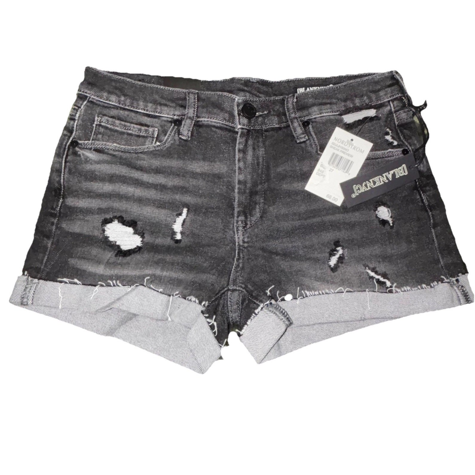 BLANKNYC The Fulton Black Distressed Denim Shorts Womens 27 High Rise Cuffed Hem