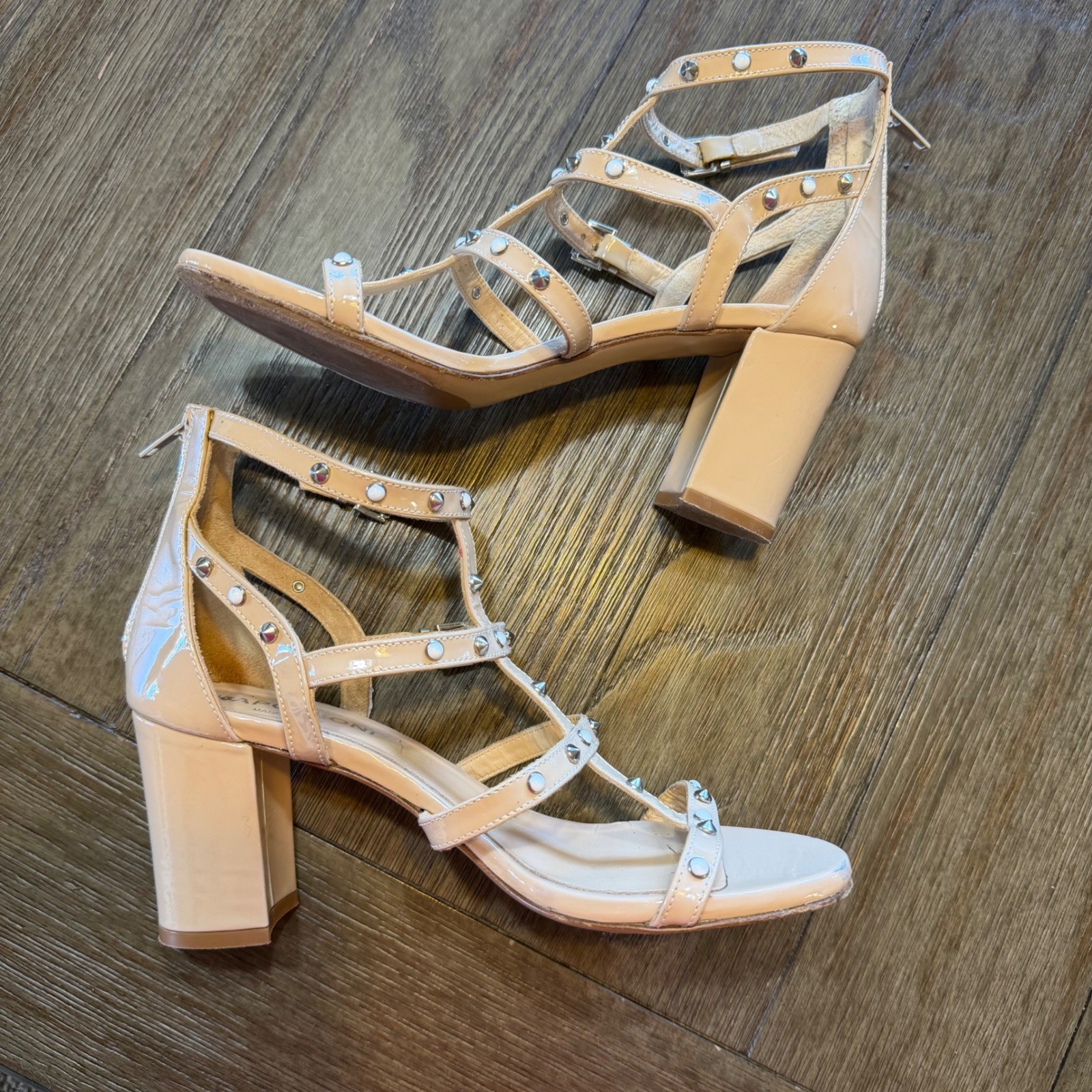 Napoleoni Italy Nude Patent Leather Studded Gladiator Block Heel Sandals EU 38
