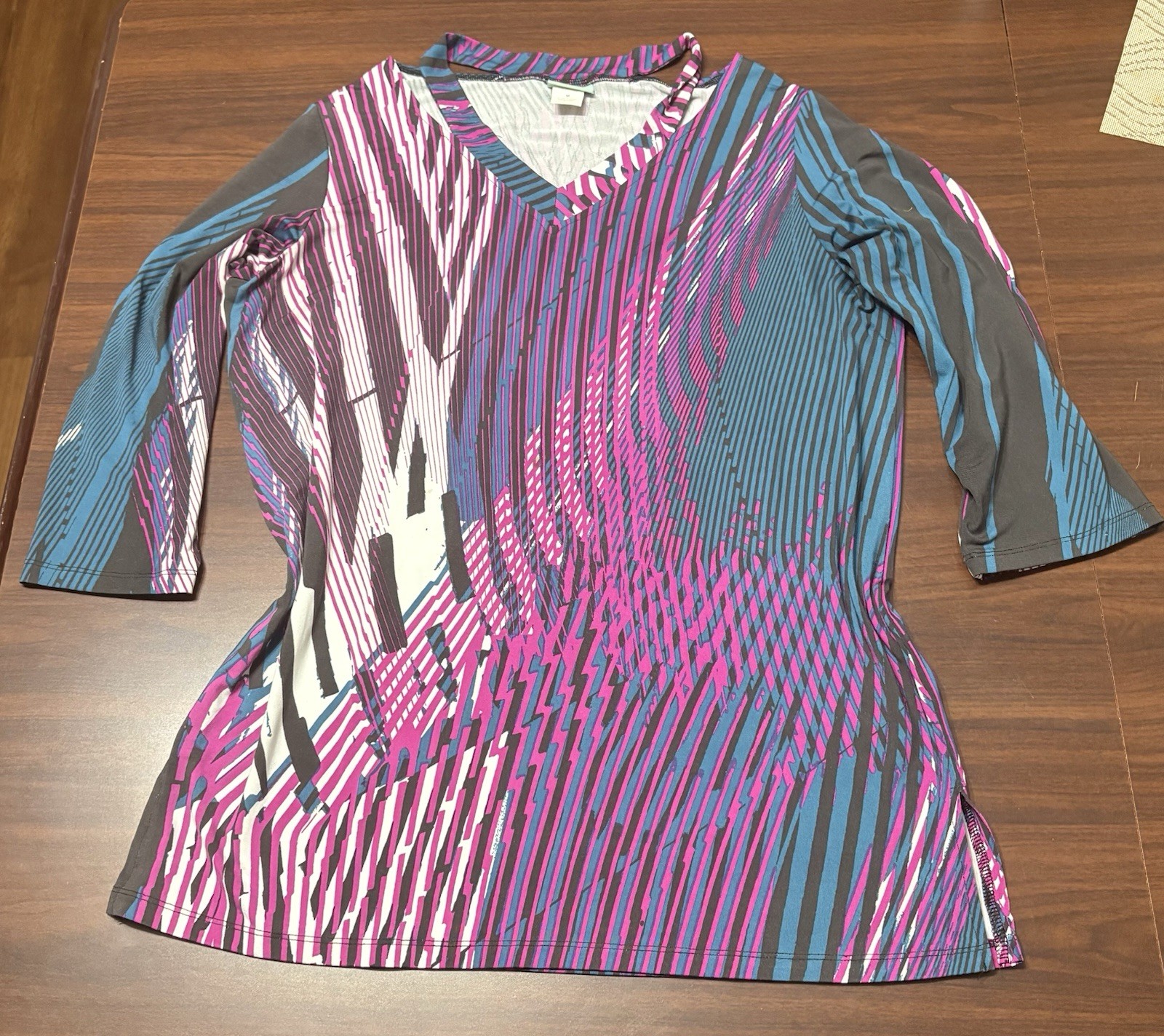Sara Morgan Multicolor Abstract V-Neck 3/4 Sleeve Pullover Top Womens M