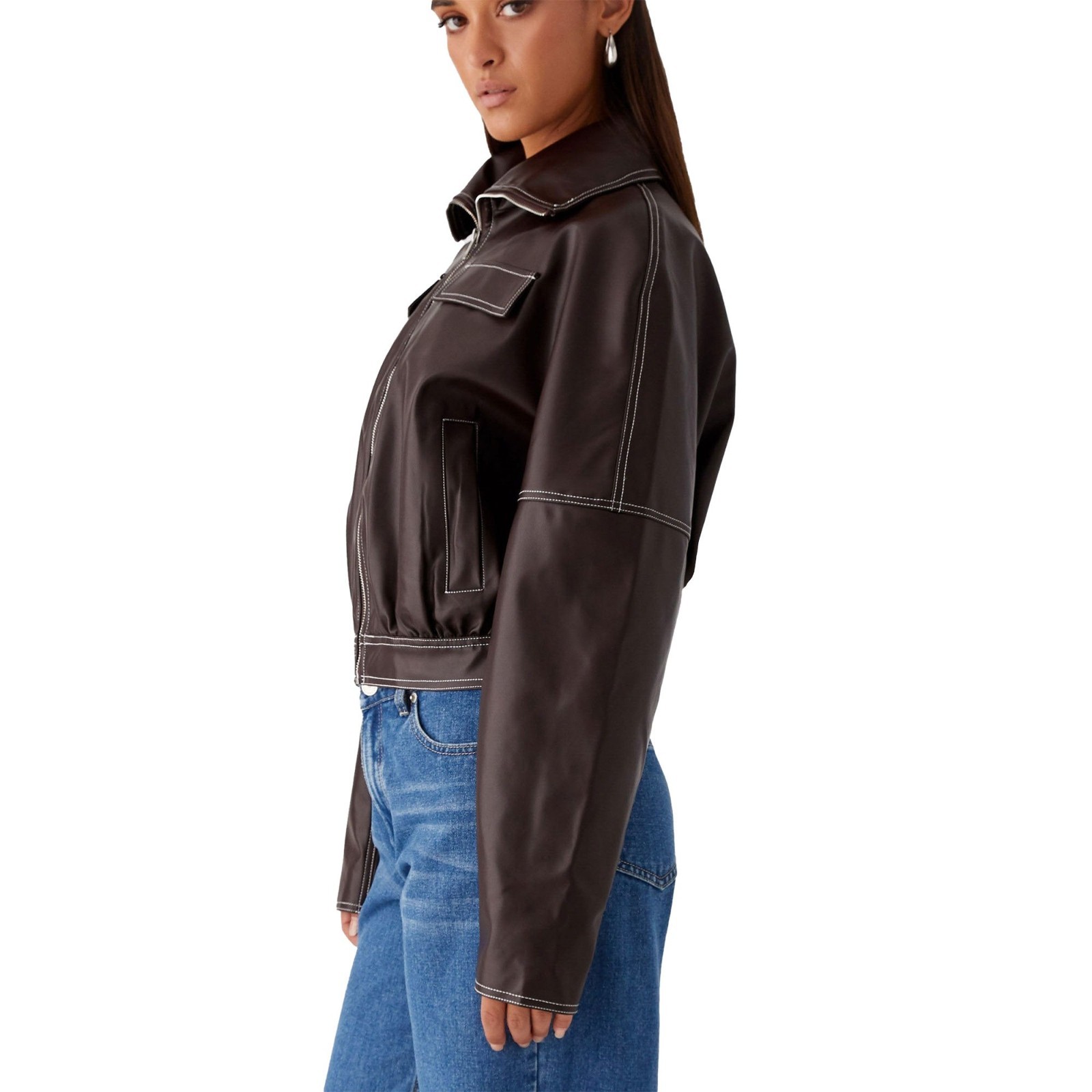Women’s Real Leather Jacket Dark Brown Contrast Stitch Cropped Bomber Coat Gift
