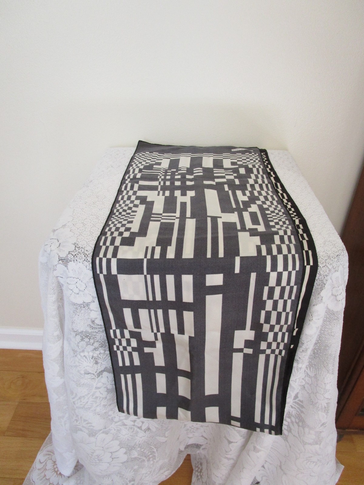Halston Silk Scarf Black White Rectangle Signed 56” long 10.25” Wide XLNT