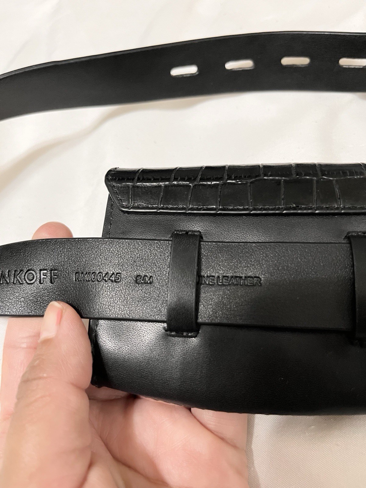 REBECCA MINKOFF | LEATHER CROCODILE EMBOSSED FANNY BELT BAG IN BLACK SMALL/MED
