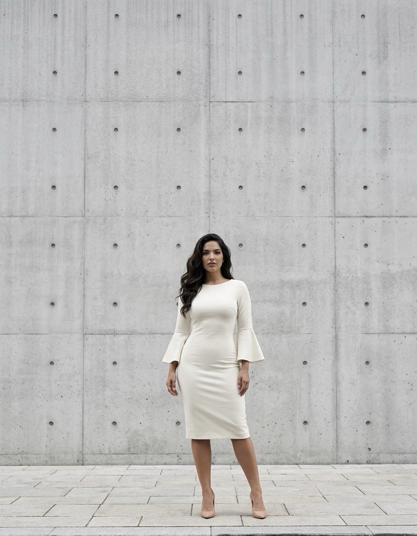 Calvin Klein White Solid Sheath Dress Round Neck Bell 3/4 Sleeve Zip, 2