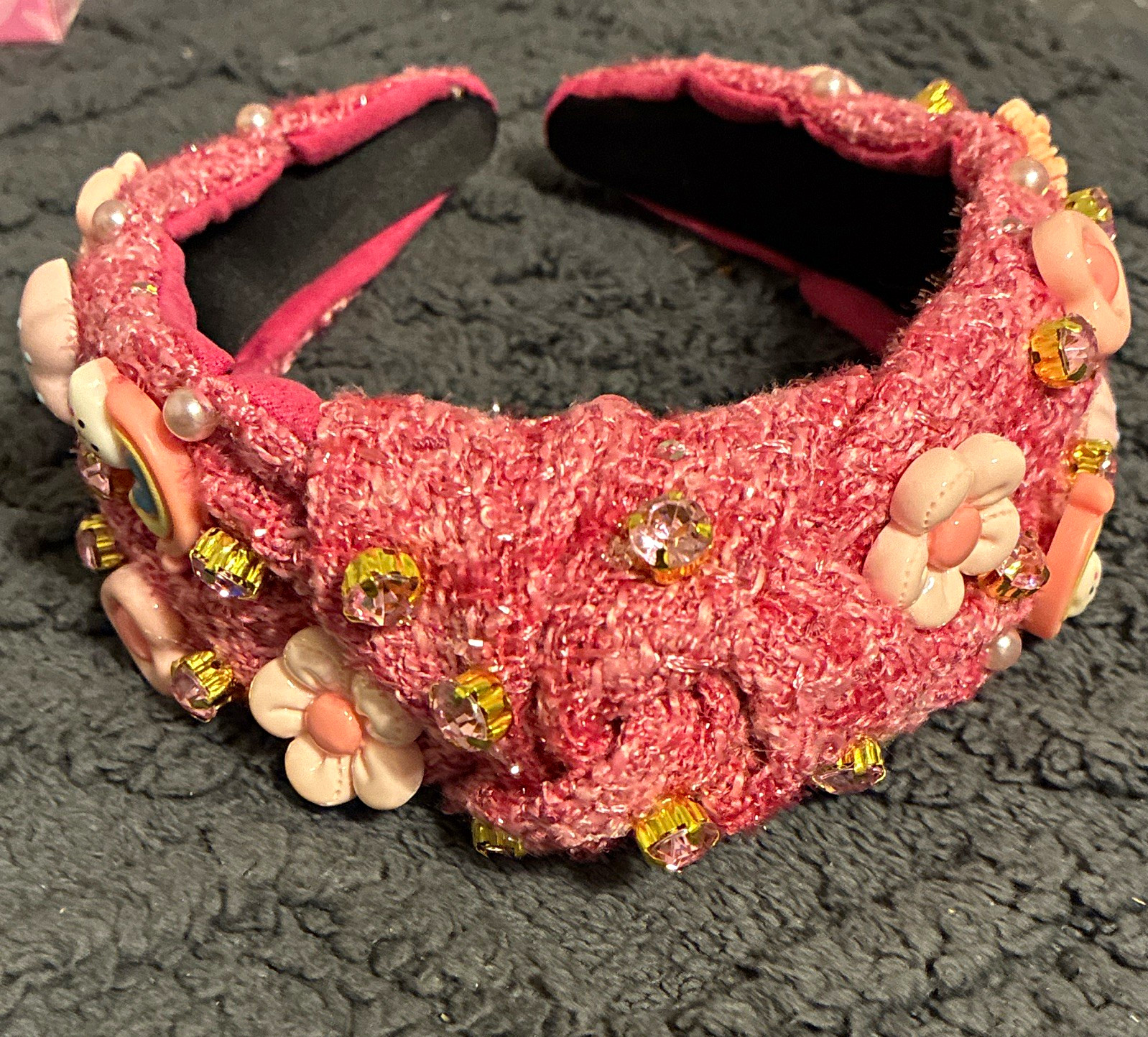 Pink Embellished Heart Bow Headband, Rhinestones & Beaded Faux Pearls