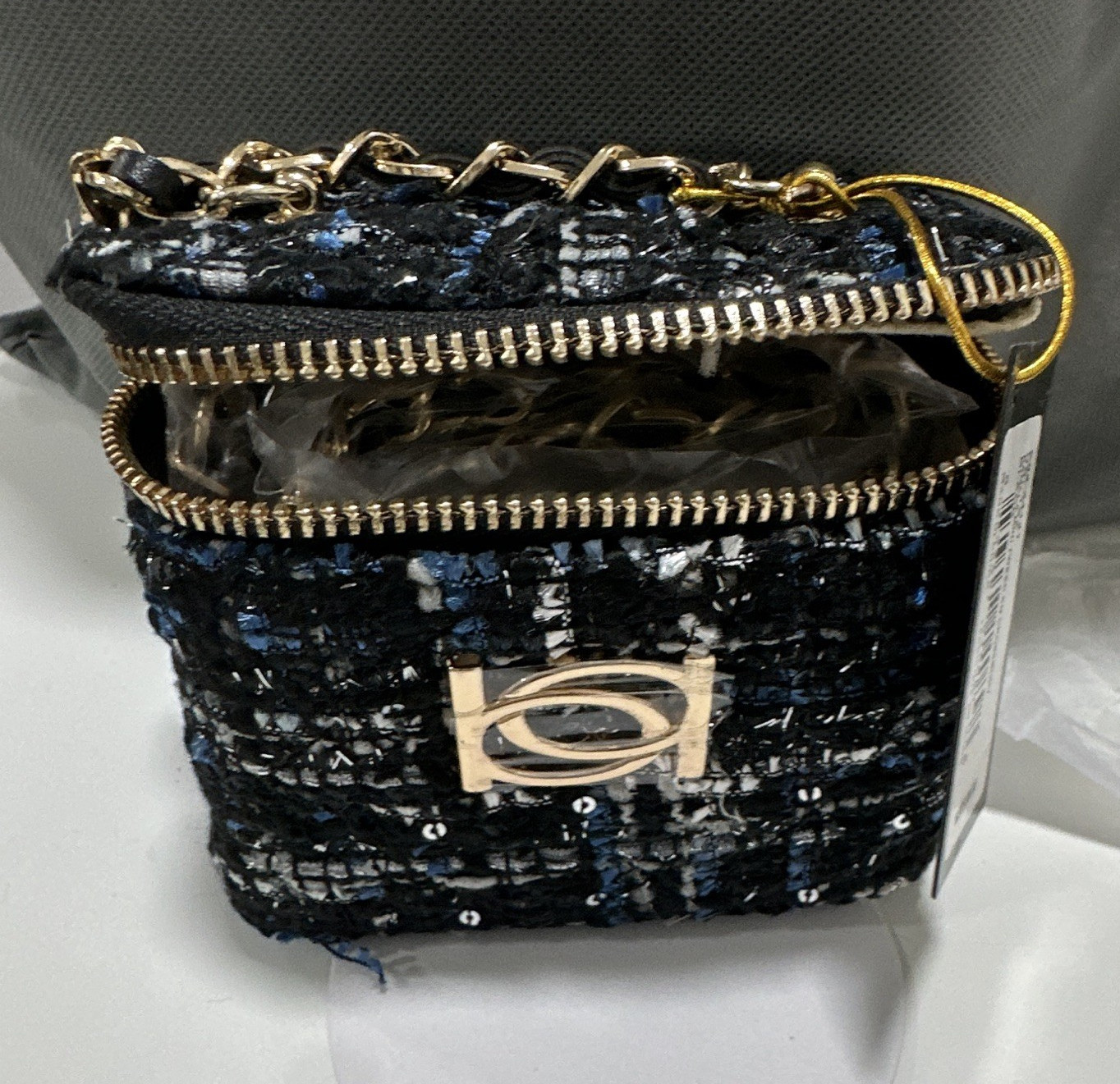 bebe Black/Blue/White Plaid Mini Shoulder Bag Detachable Chain Strap Zip Gold