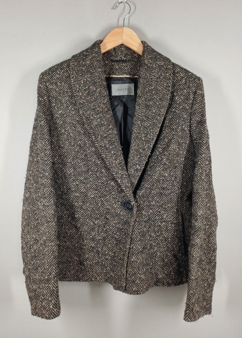 Jaeger Jacket Womens UK 12 Beige/Black Virgin Wool Cashmere Herringbone Blazer
