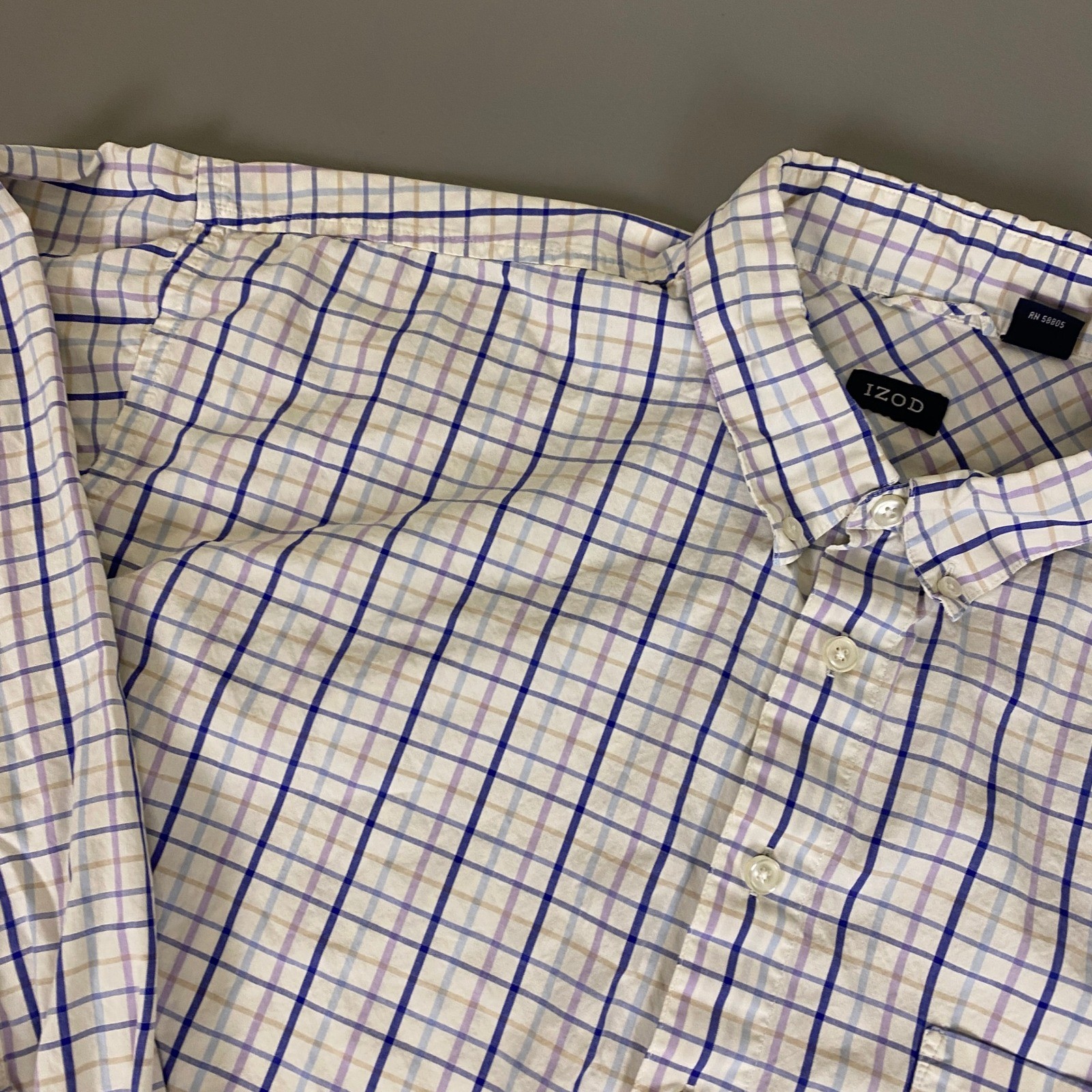 IZOD Button Down Shirt Men’s Size 3X Plaid Long Sleeve White Blue Purple Cotton