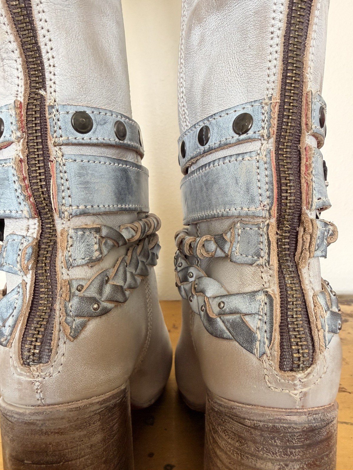 Freebird Juniper Cream Leather Braided Studded Knee High Boots Size 8