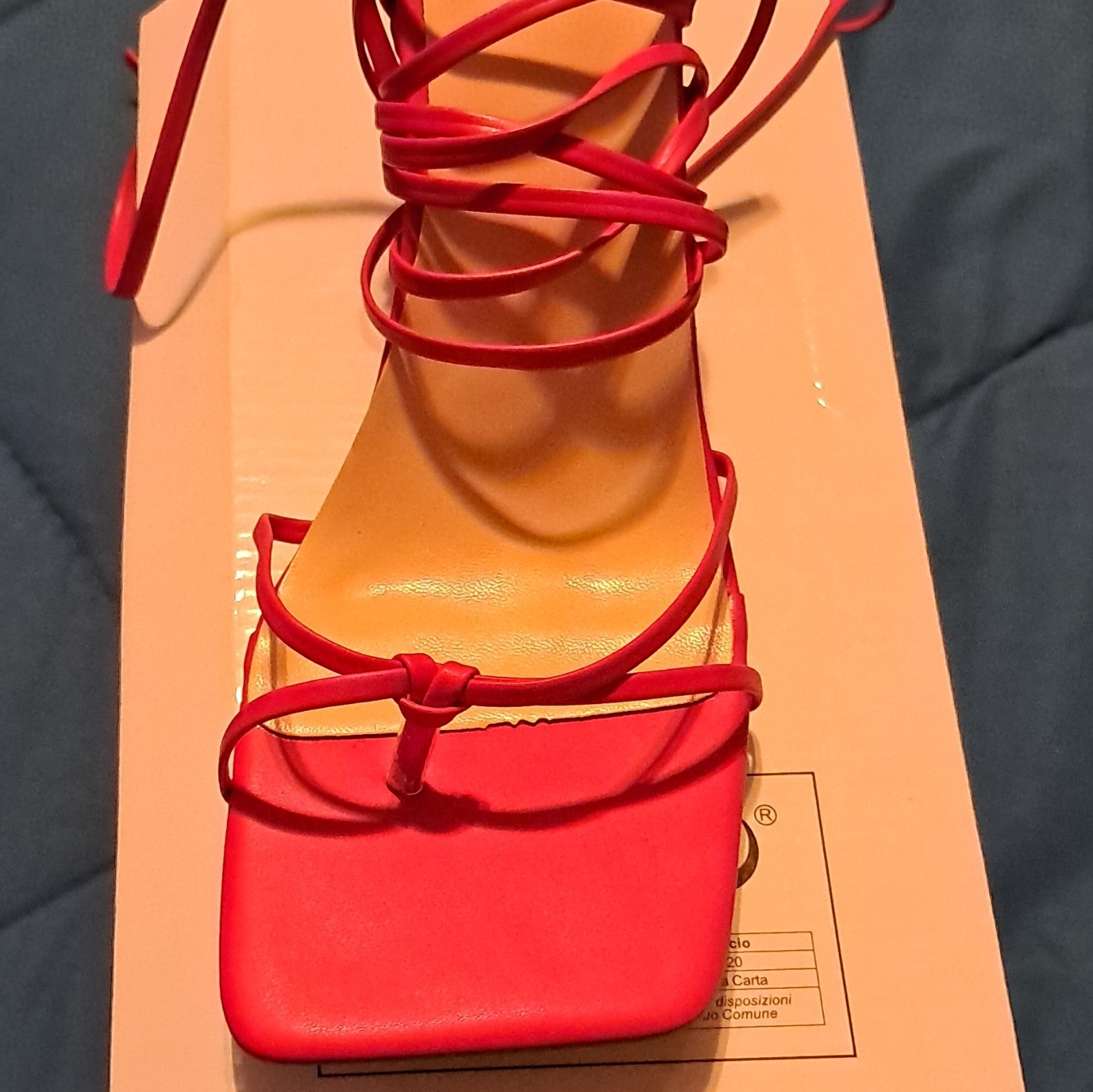 Women’s Red Leather Strappy Square Toe Ankle Tie Block Heel Sandals 10 M
