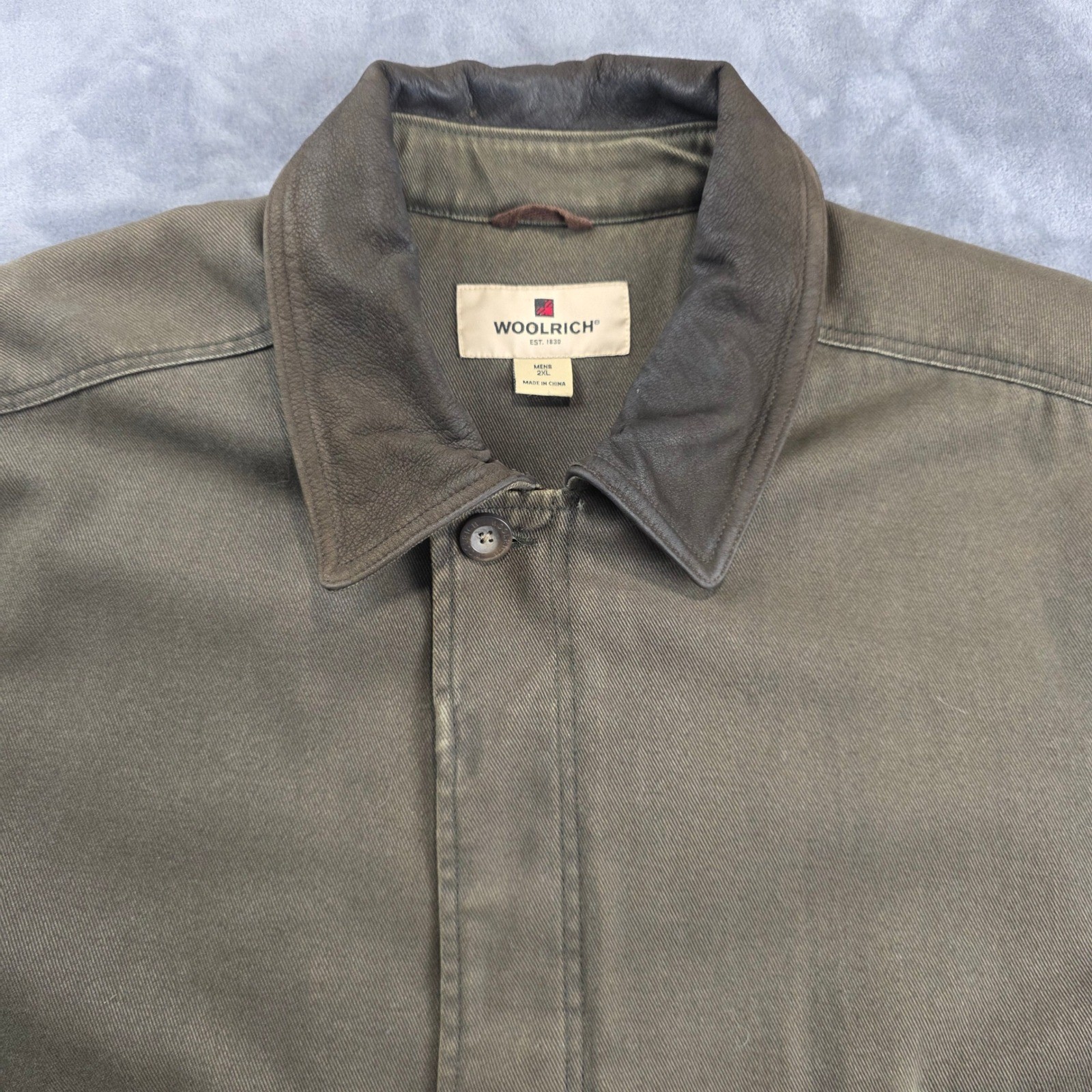 Woolrich Field Jacket Mens 2XL Olive Canvas Barn Chore Fleece Lined Leather Trim