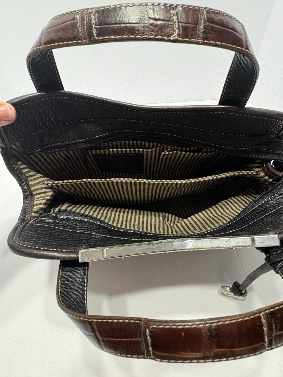 Vintage Brighton Satchel Black Pebbled Leather – Crocodile Embossed Trim