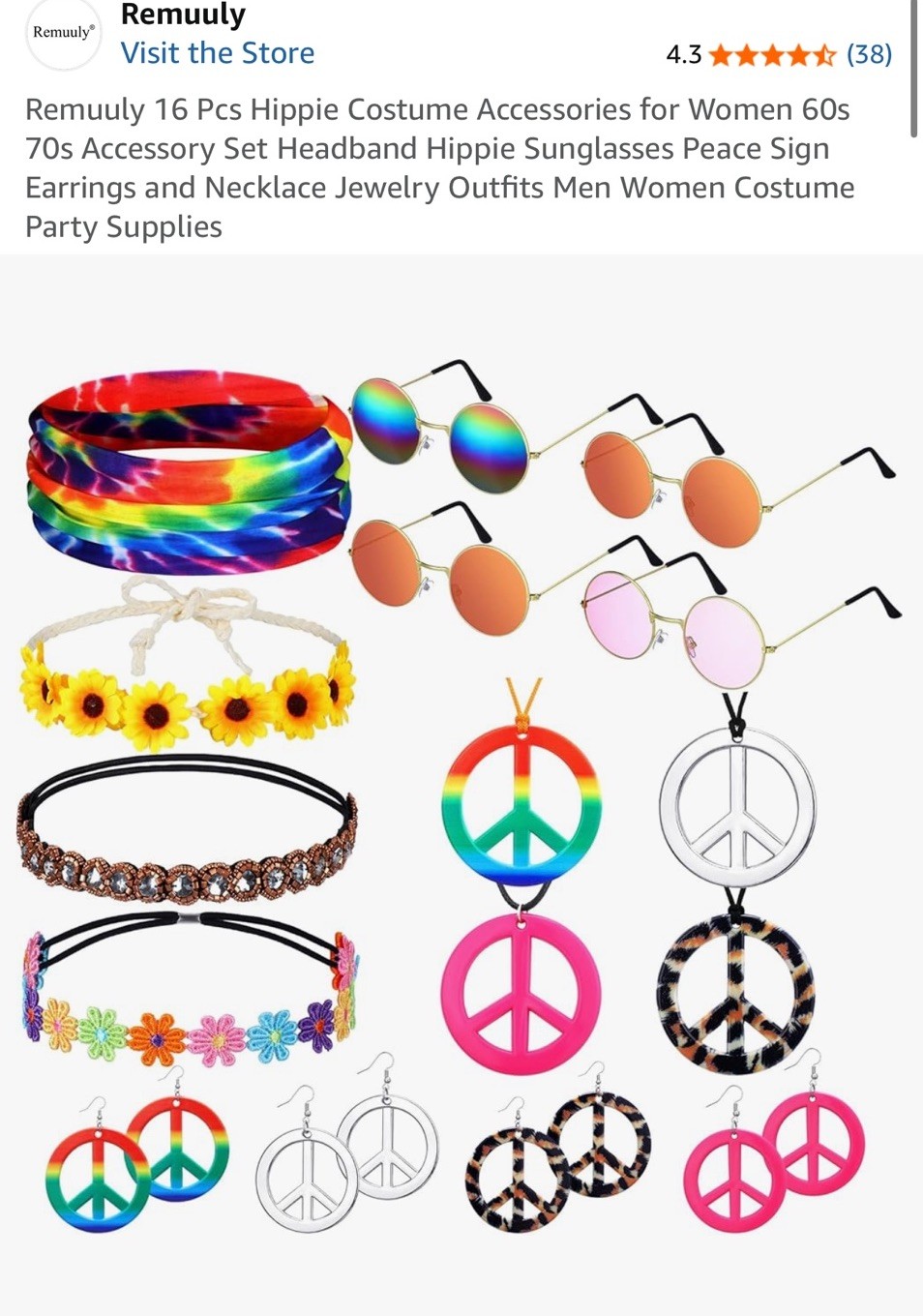 Hippie Costume Accessories 7 PC SET 60S 70S GLASSES Peace Sign ALL YOU NEED!