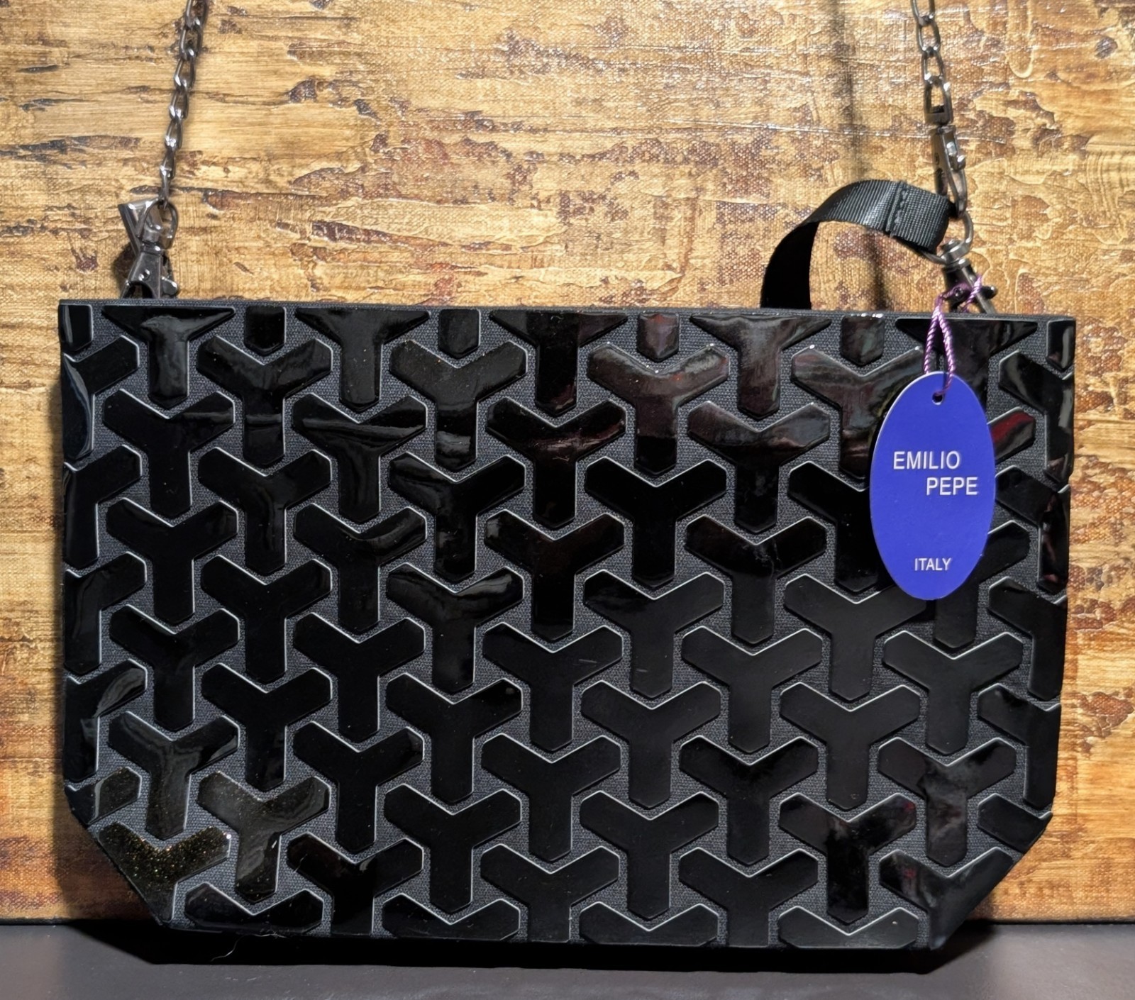 Emilio Pepe Black Shiny Glitter Geometric Shoulder Bag Crossbody – 11×6.75″ NWT