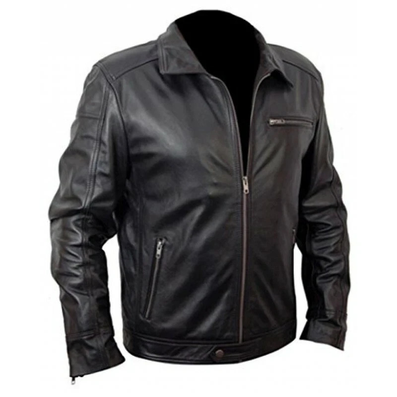 Men’s Top Grain Cowhide Leather Jacket Black Moto Biker Cafe Racer Rider Jacket