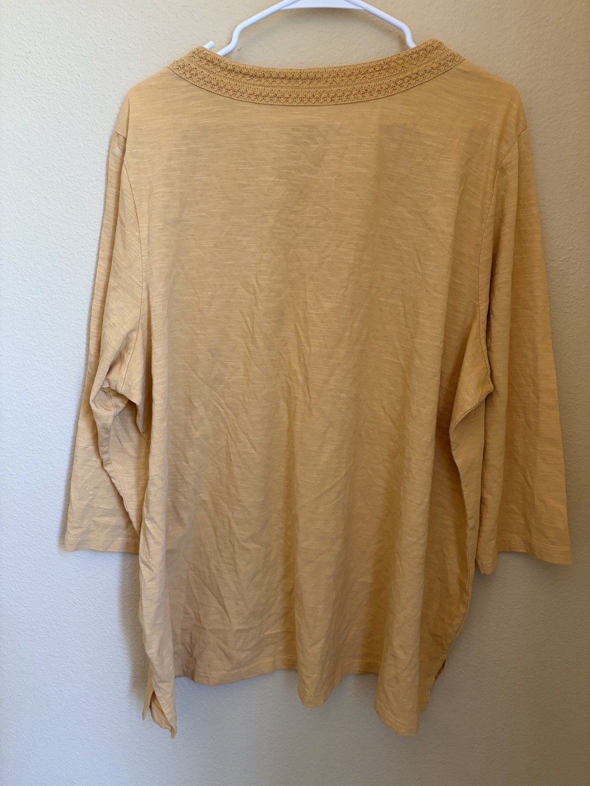 Coldwater Creek Womens Top Size 2X Yellow Crochet Detail Cotton 3/4 Sleeve