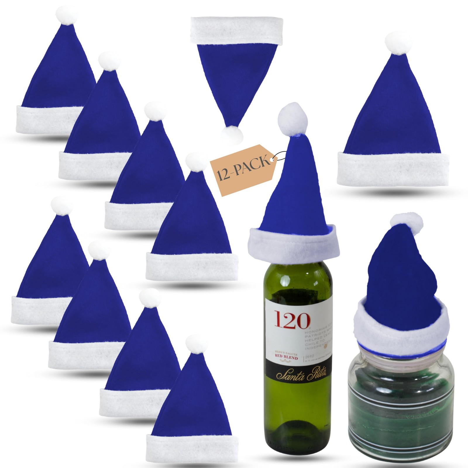 Iconikal 12-Pack Mini Felt Santa Hats Blue 4.5×6-Inch Plush 12-Pack, Ble