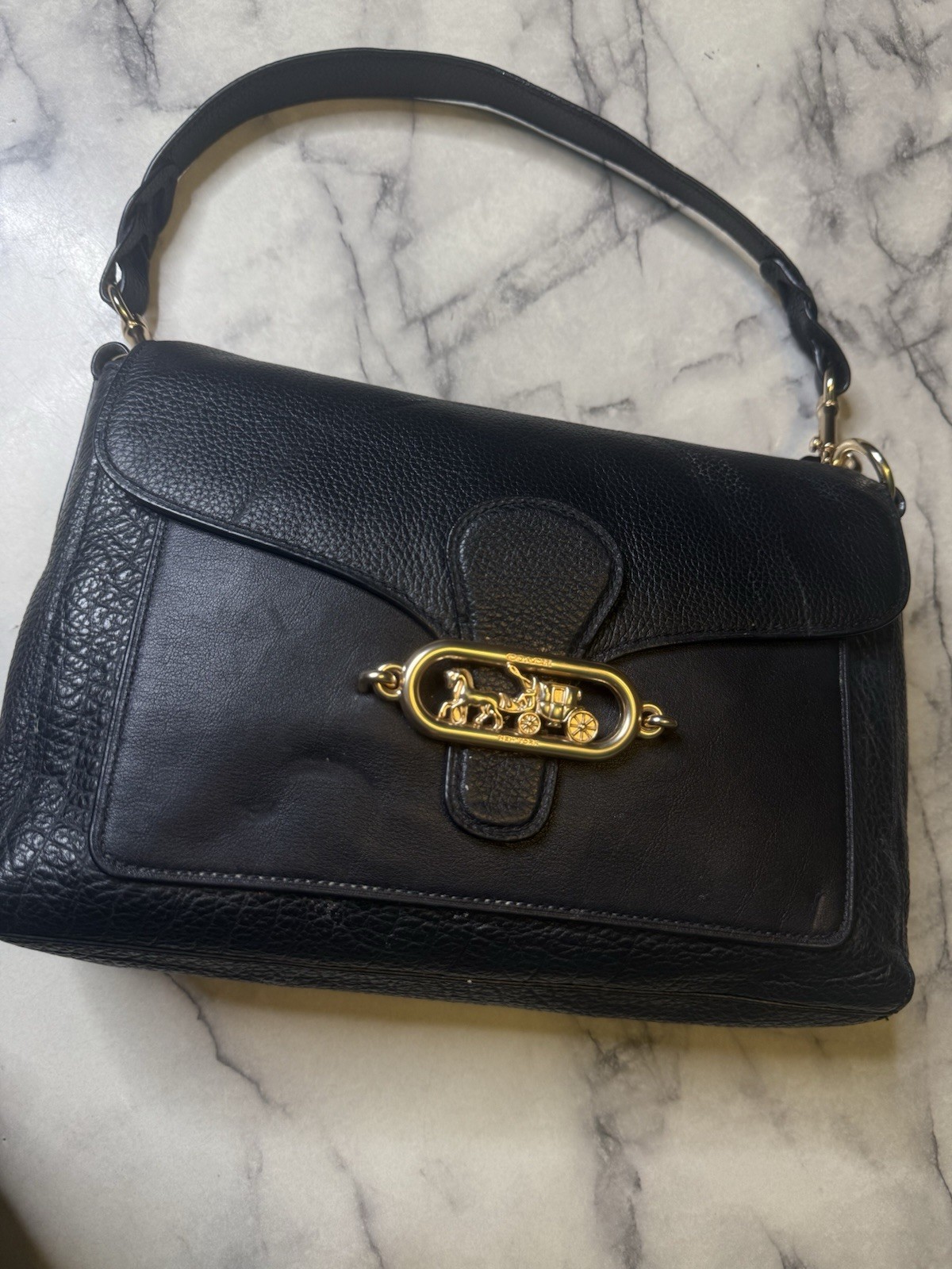 Coach Black Pebbled Shoulder Bag Turn Lock, Horse Carriage, Gold Hardware
