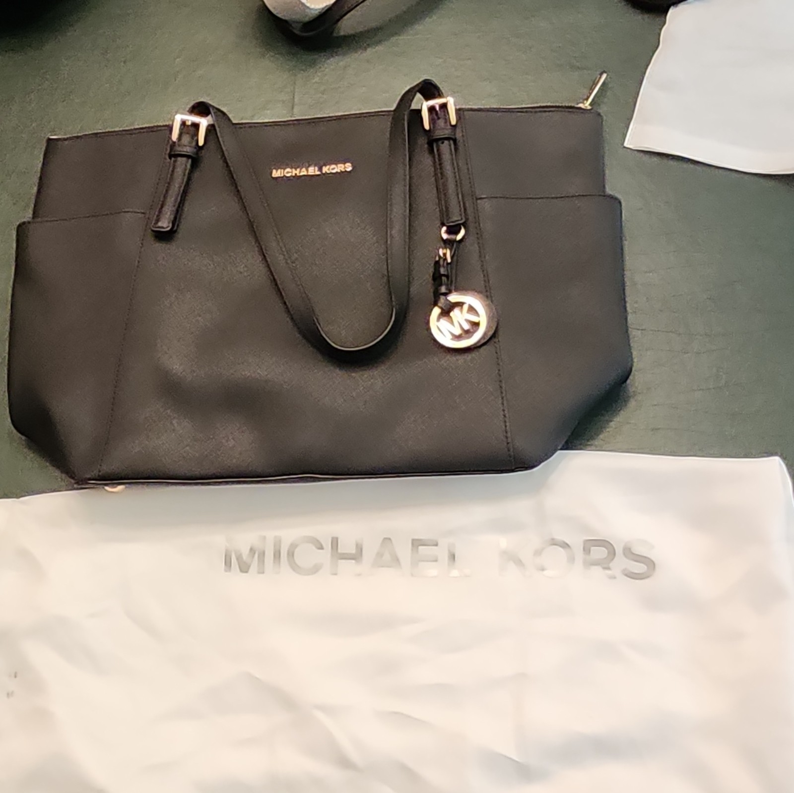 Michael Kors Women’s Black Tote Zip Top Gold Hardware MK Charm, Lined Pockets