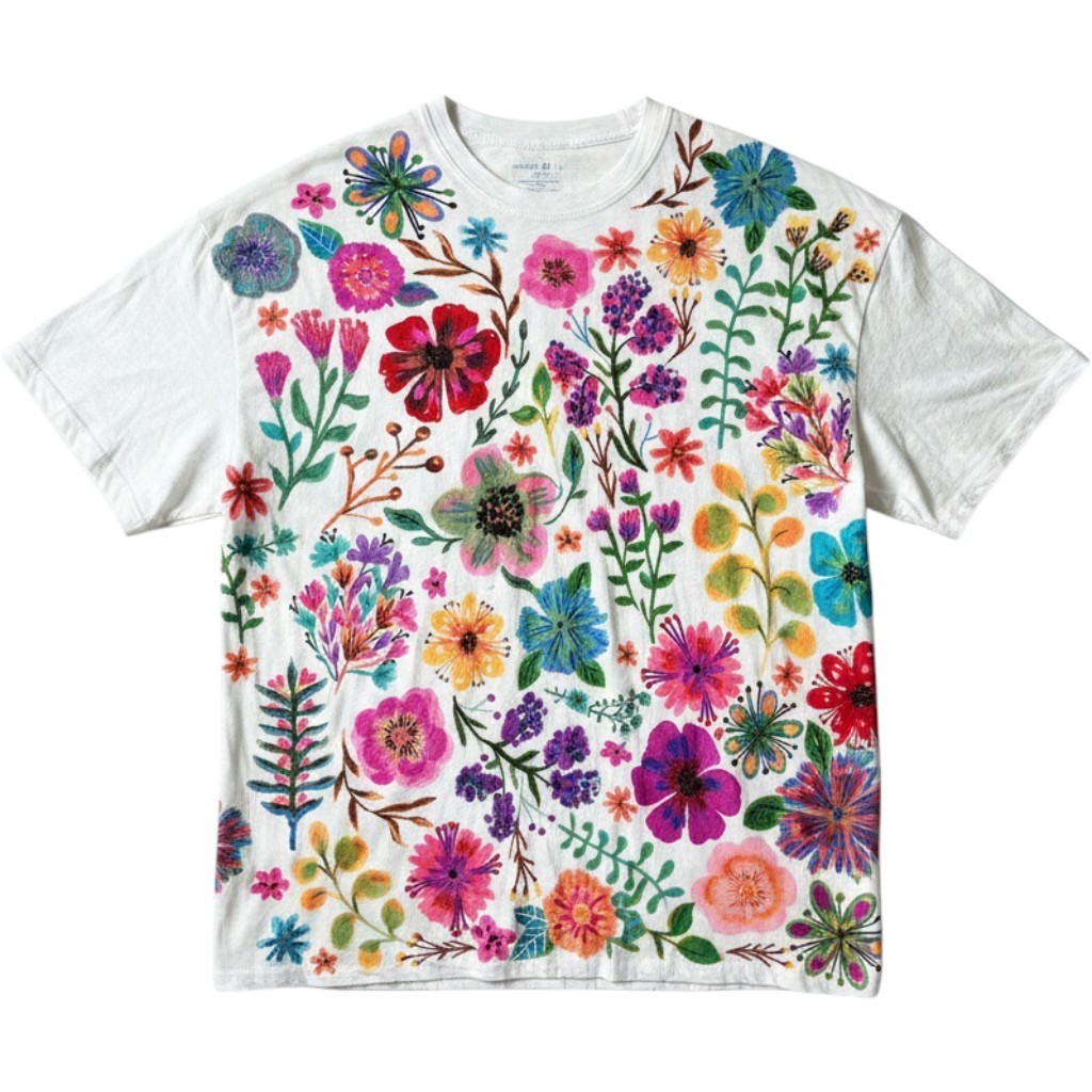 Natural Life Floral Graphic Tee Oversized White Slub Cotton Boho Shirt One Size