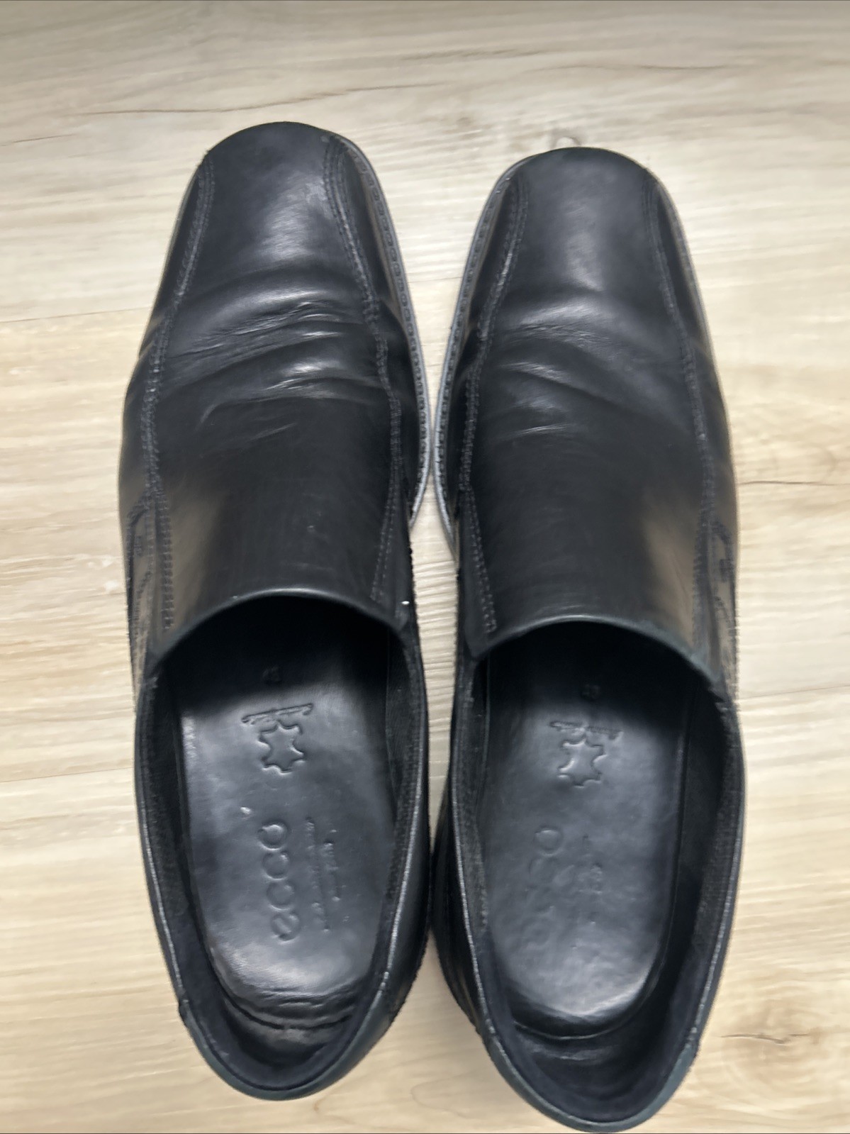 ECCO Helsinki Leather Loafers Mens 12/12.5 Black Classic Apron Toe Slip On Shoes