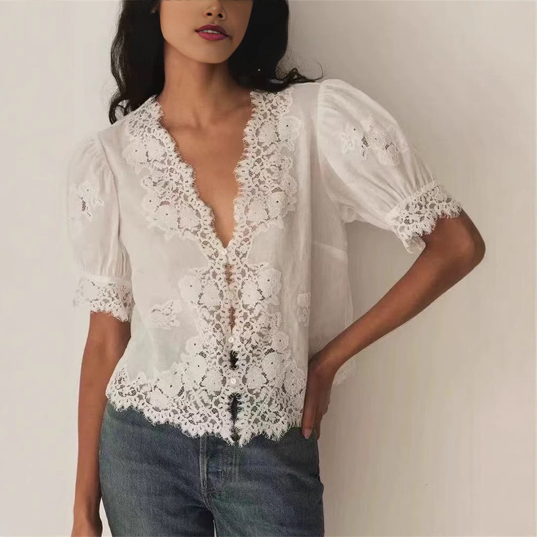 Ladies’ fashionable pleated short sleeved white salt cotton shirt dress top