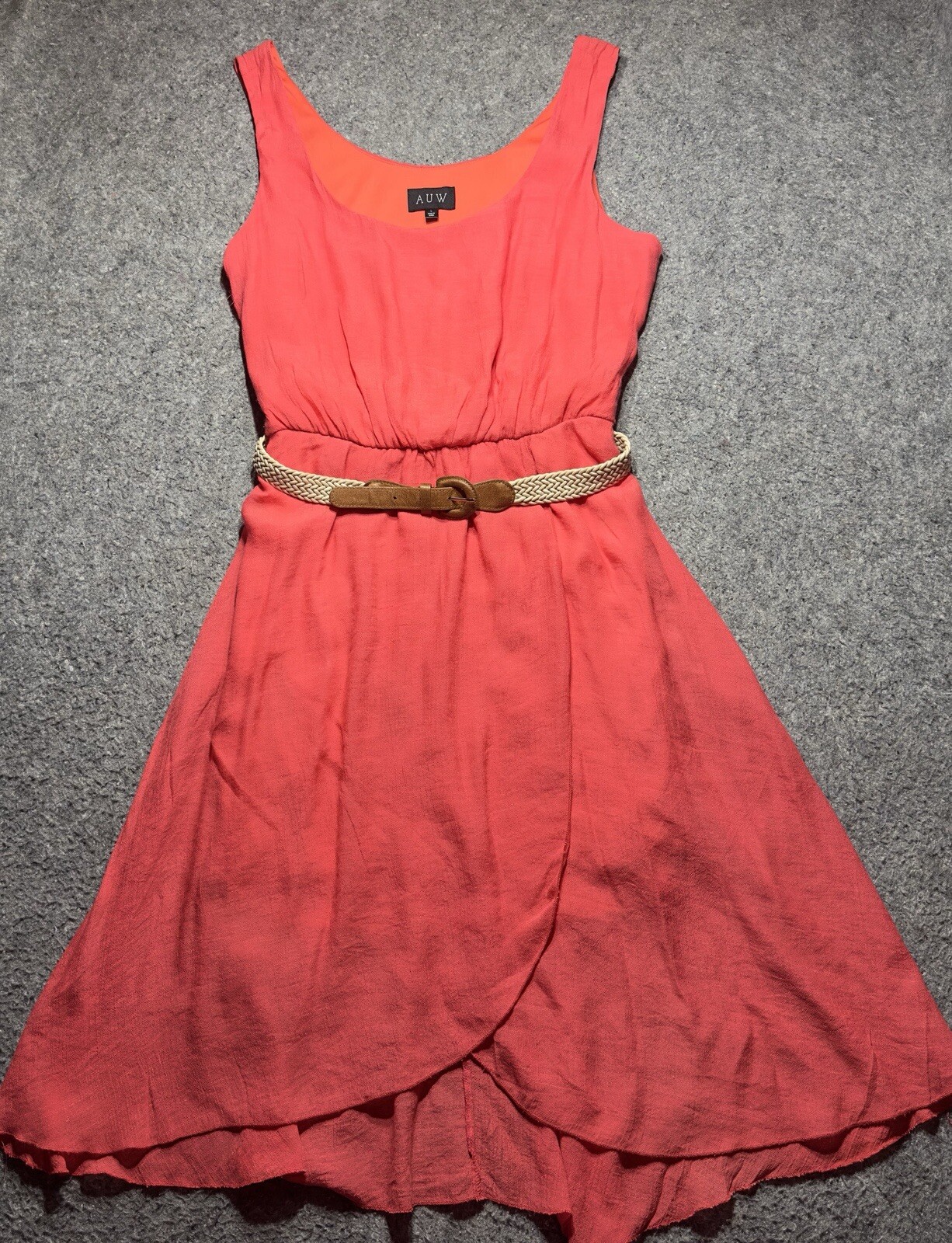 A U W Women’s Size L Orange Short Sleeve W/Belt Elastic Waist Fit Flare Dress