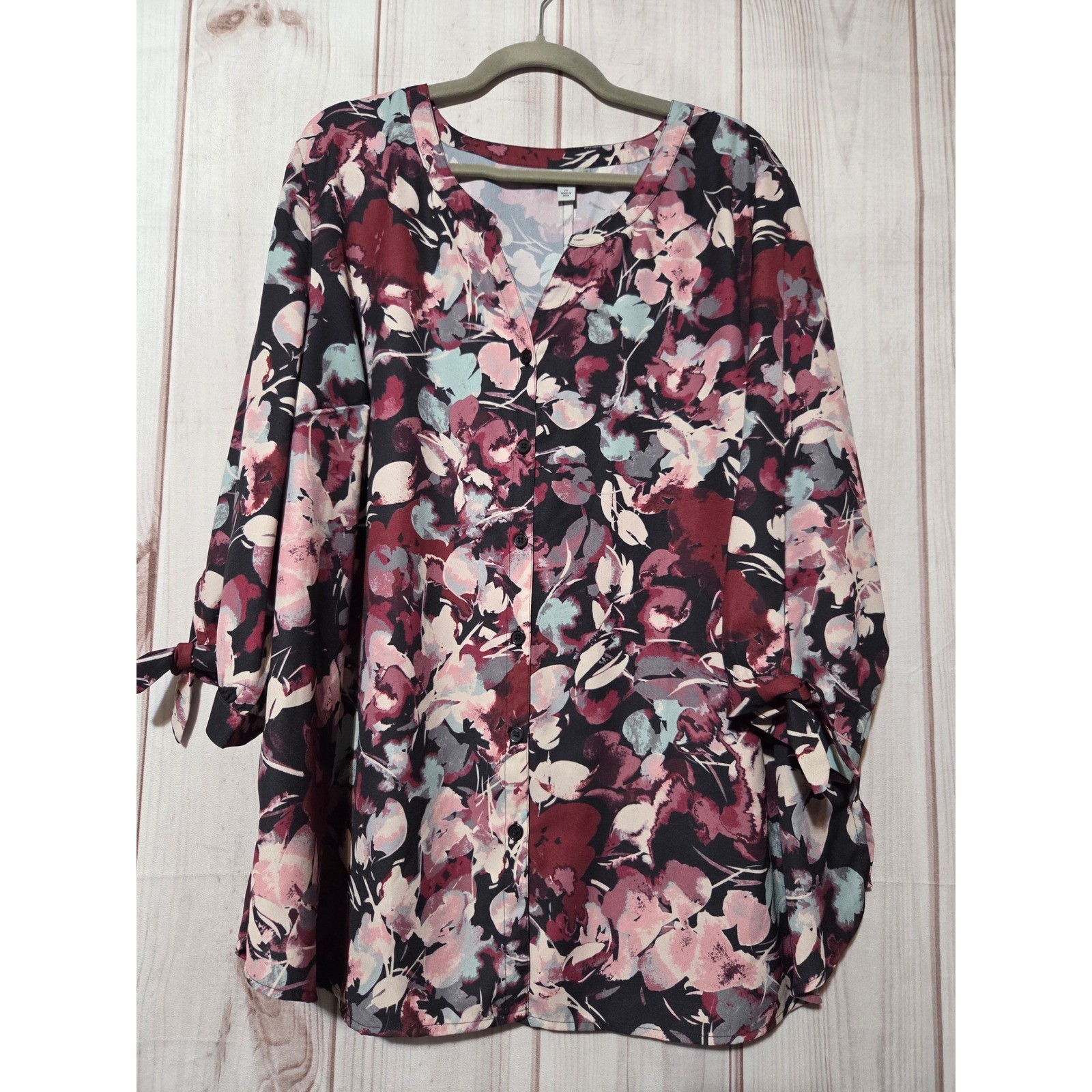 Catherines Women 2X Floral Blouse Burgundy Pink Teal 3/4 Tie Sleeve