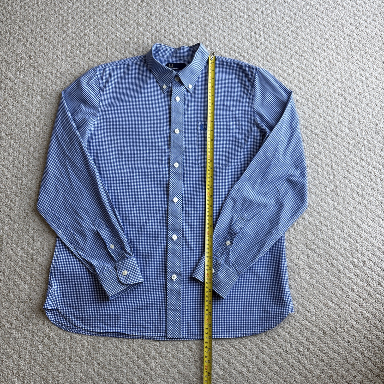 Fred Perry Gingham Check Shirt Men’s Large L Blue White Cotton Button Down
