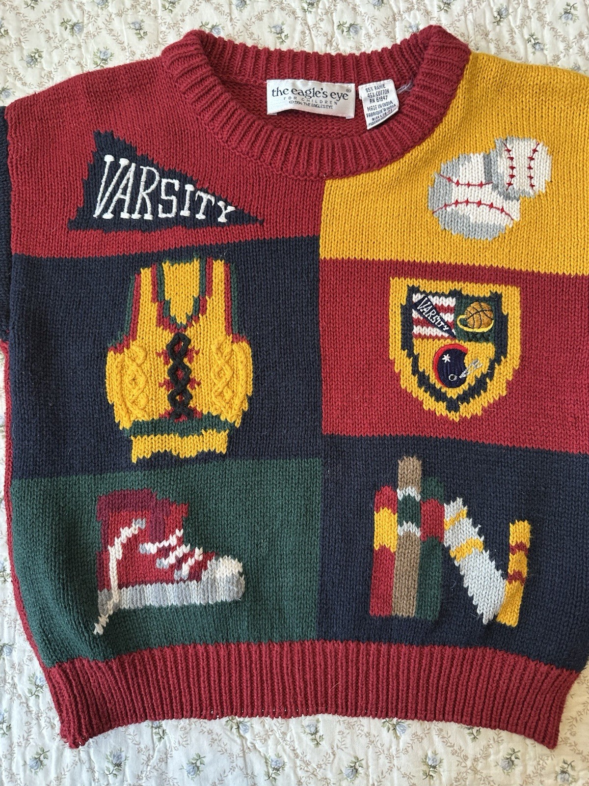 Vintage 90s The Eagle’s Eye Sport Varsity School Knit Sweater Kids L 6-7 Boys