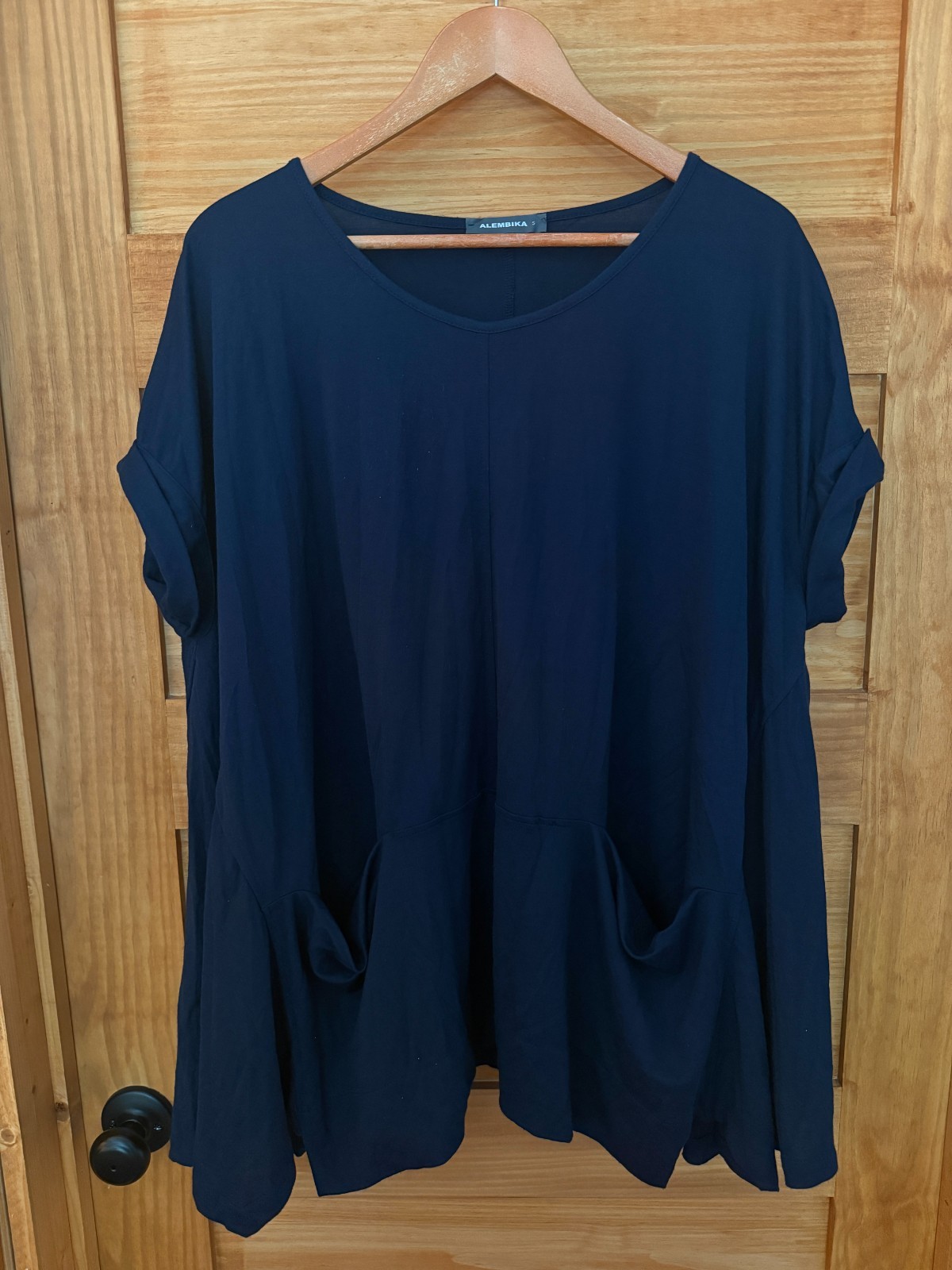 Alembika Oversized Trapeze Lagenlook Drapey Blue Short Sleeve Tunic Top size M